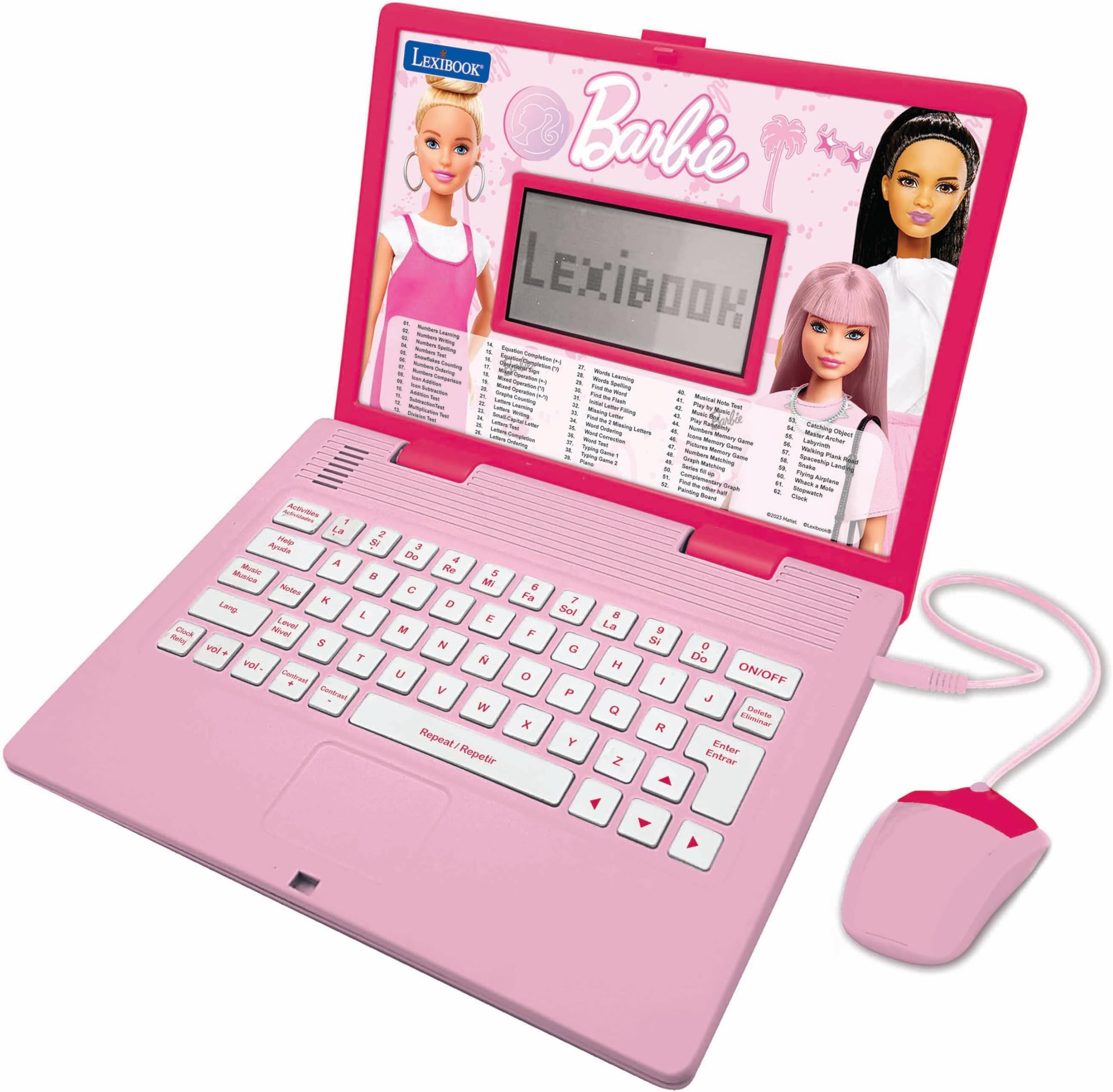 LEXIBOOK, Barbie, Educational and Bilingual Laptop in English/Spanish, Toy for children with 124 activities to learn, play games and music, Pink, JC598BBi2