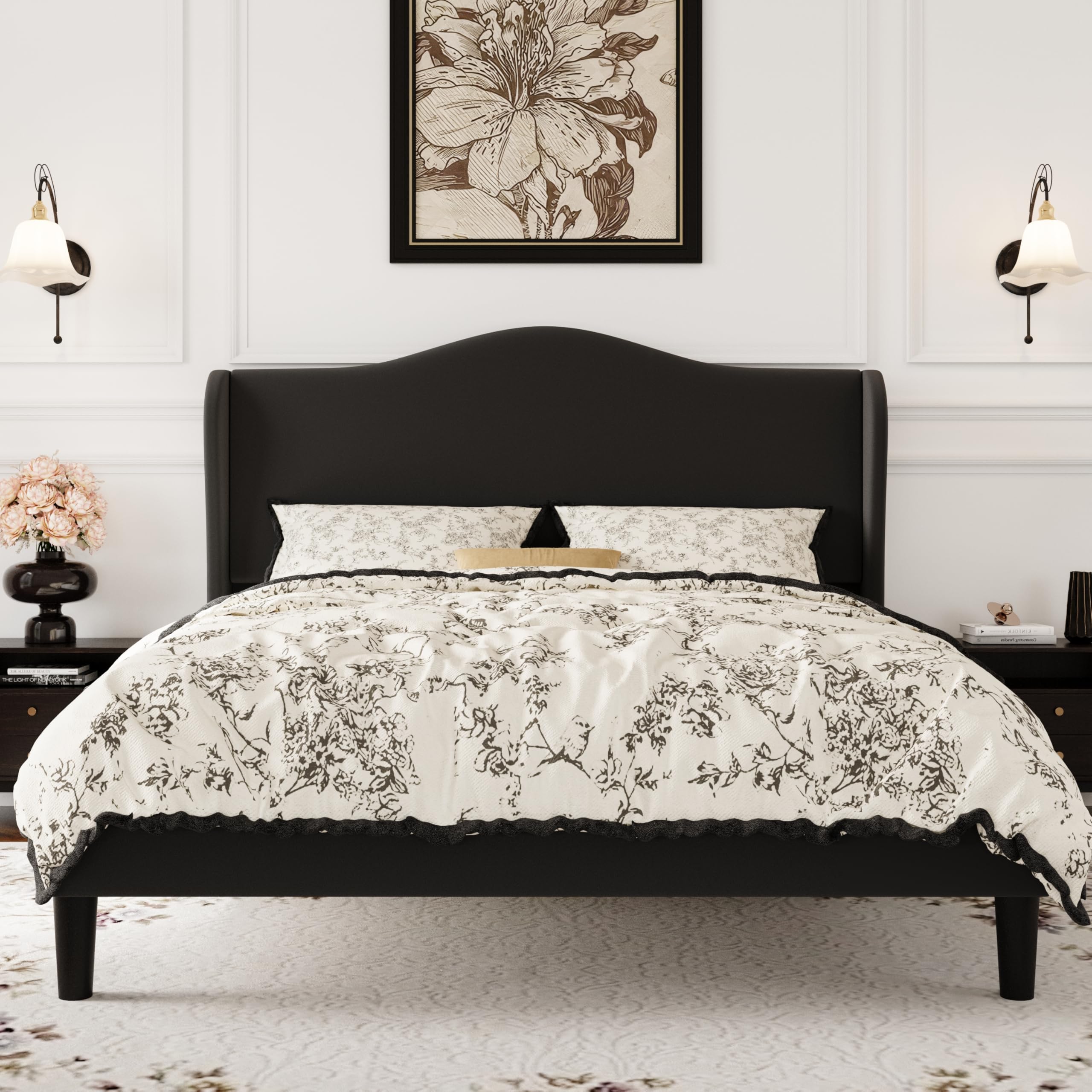 Full Size Velvet Platform Bed Frame with Elegant Wingback Headboard, Modern & Luxurious Design, Sturdy Wooden Slats, No Box Spring Required, Easy Assembly, Noise-Free, Soft Black