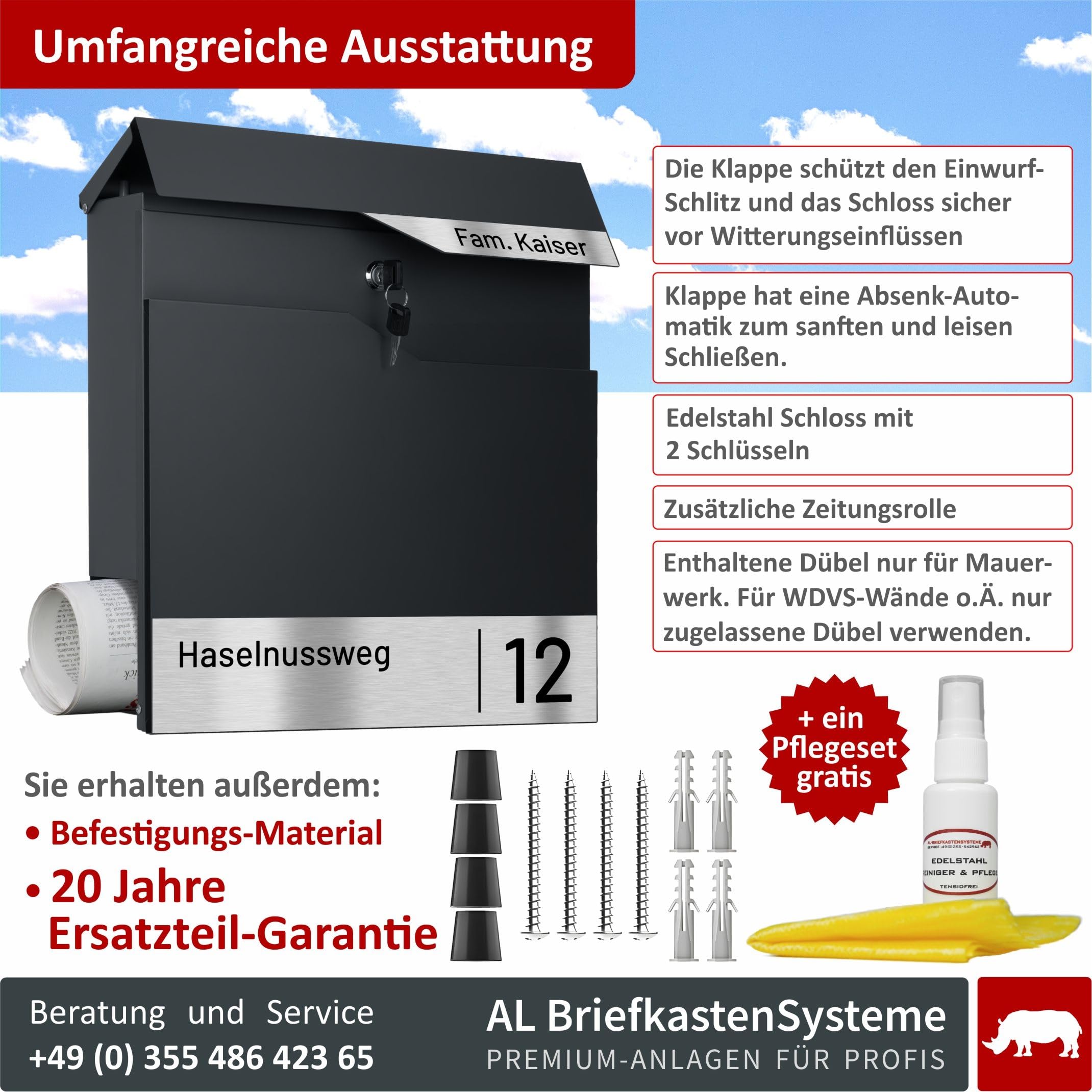 AL Briefkastensysteme Laser-Line 1er Briefkasten personalisiert mit Namen + Hausnummer - Postkasten Anthrazit RAL 7016 modern mit Zeitungsfach Gravur & Absenkautomatik für Wand- & Zaunbriefkasten