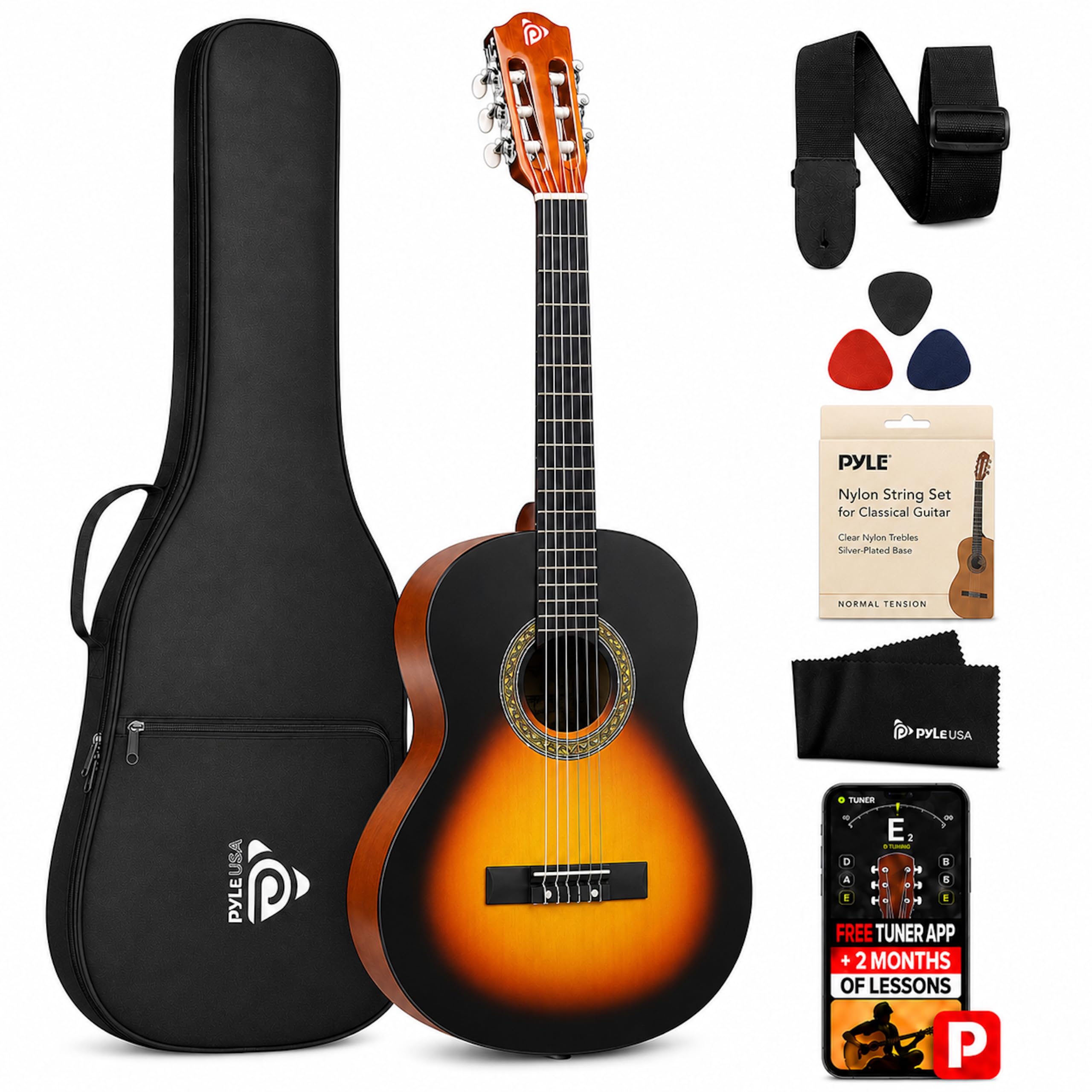 Pyle 30-Inch Beginner Acoustic Guitar Kit, 1/4 Size Junior Classical Nylon String Guitar for Kids and Adults, Includes Gig Bag, Strap, Spare Strings, Picks, Cleaning Cloth, Sunburst Teardrop, Matte