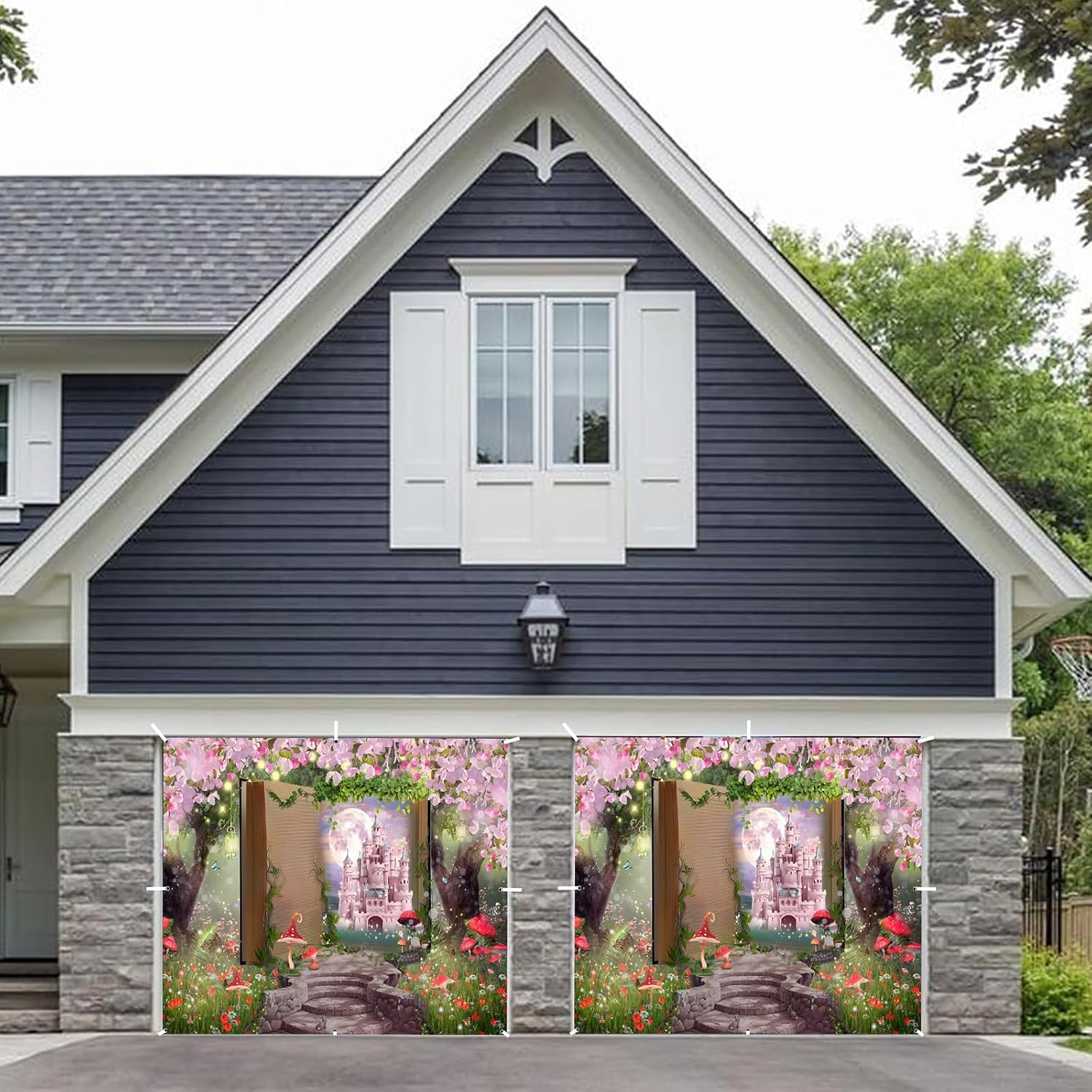 Enchanted Forest Garage Door Cover Banner Decorations Backdrop 7x8ft Fairytale Book Pink Castle Flowers Mushroom Garage Door Cover Outdoor Wedding Birthday Party Baby Shower Garage Door Props
