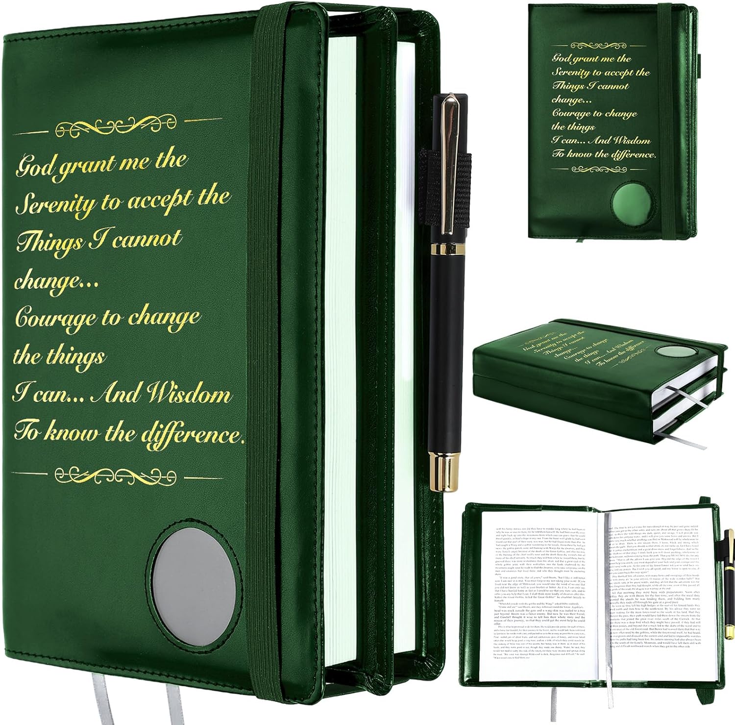 Motipuns Double Alcoholics AA Big Book Cover for 12 Steps & 12 Traditions Double AA Book Cover with Medallion Holder Pen Clip Alcoholics Gifts for Serenity Prayer(Black)