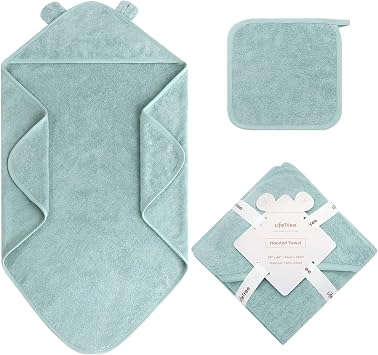 LifeTree 1 Pack Baby Hooded Towel with 1 Pack Washcloth for Newborn, 100% Cotton Bath Towel for Babies, Infant, Toddler and Kids, Thick,Soft and Absorbent, 30 * 30 Inches, Newborn Essentials, Green