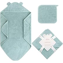 LifeTree 1 Pack Baby Hooded Towel with 1 Pack Washcloth for Newborn, 100% Cotton Bath Towel for Babies, Infant, Toddler and Kids, Thick,Soft and Absorbent, 30 * 30 Inches, Newborn Essentials, Green