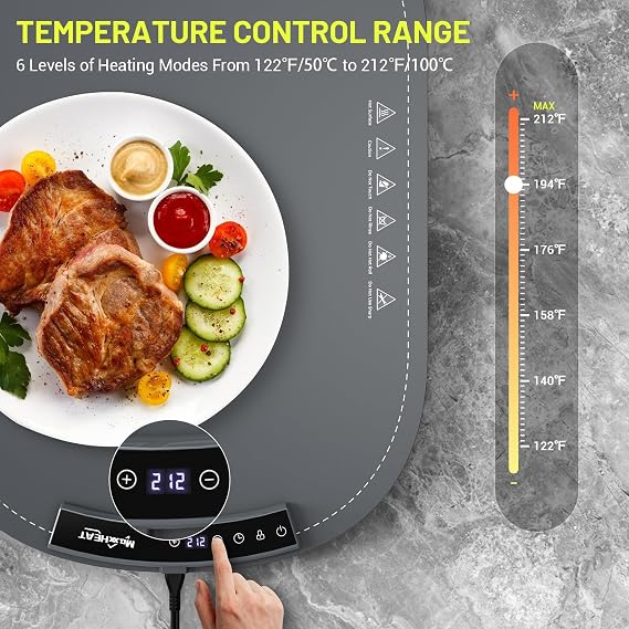 Food Warming Mat, Foldable Electric Warming Tray with 6 Temp Setting, Full-Surface Heat, 4 Hours Auto-Off, Nano Silicone Material, food warmer mat for Buffet, Home Party, Dinner, Grey