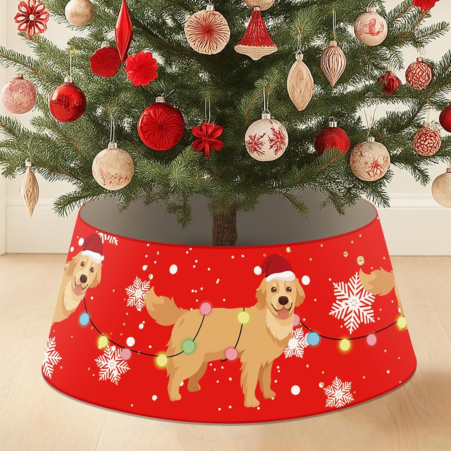Dog Christmas Tree Collar Golden Retriever Christmas Decor Red Tree Skirt with LED Light Ring Base Cover for Christmas Trees Decoration Holiday Indoor Outdoor