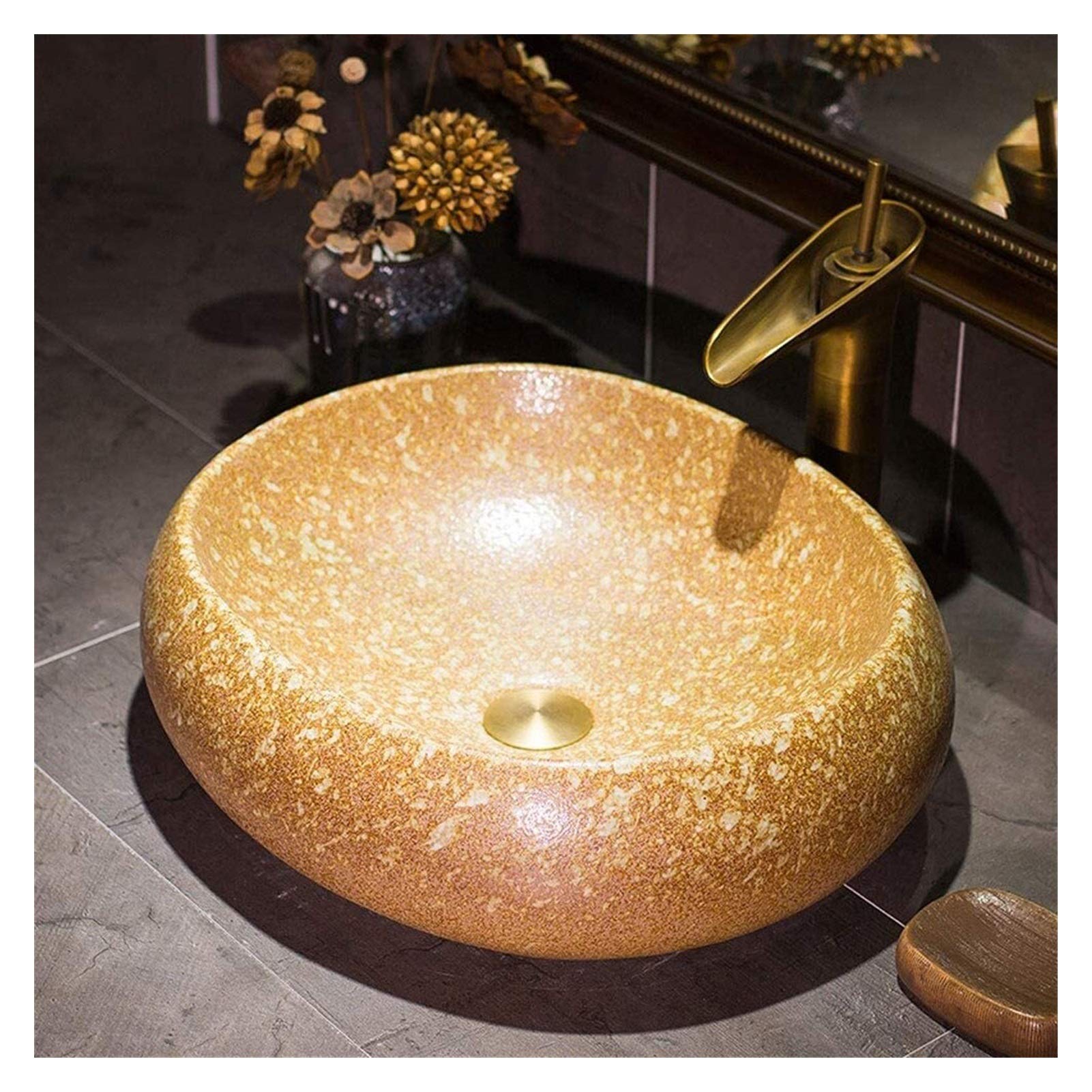OLSKFUH Bathroom Vessel Sink, Antique Vanity Bowl Basin Bathroom Lavatory Vanity Vessel Sink, Modern Above Counter Porcelain Ceramic Art Basin 15"X12",
