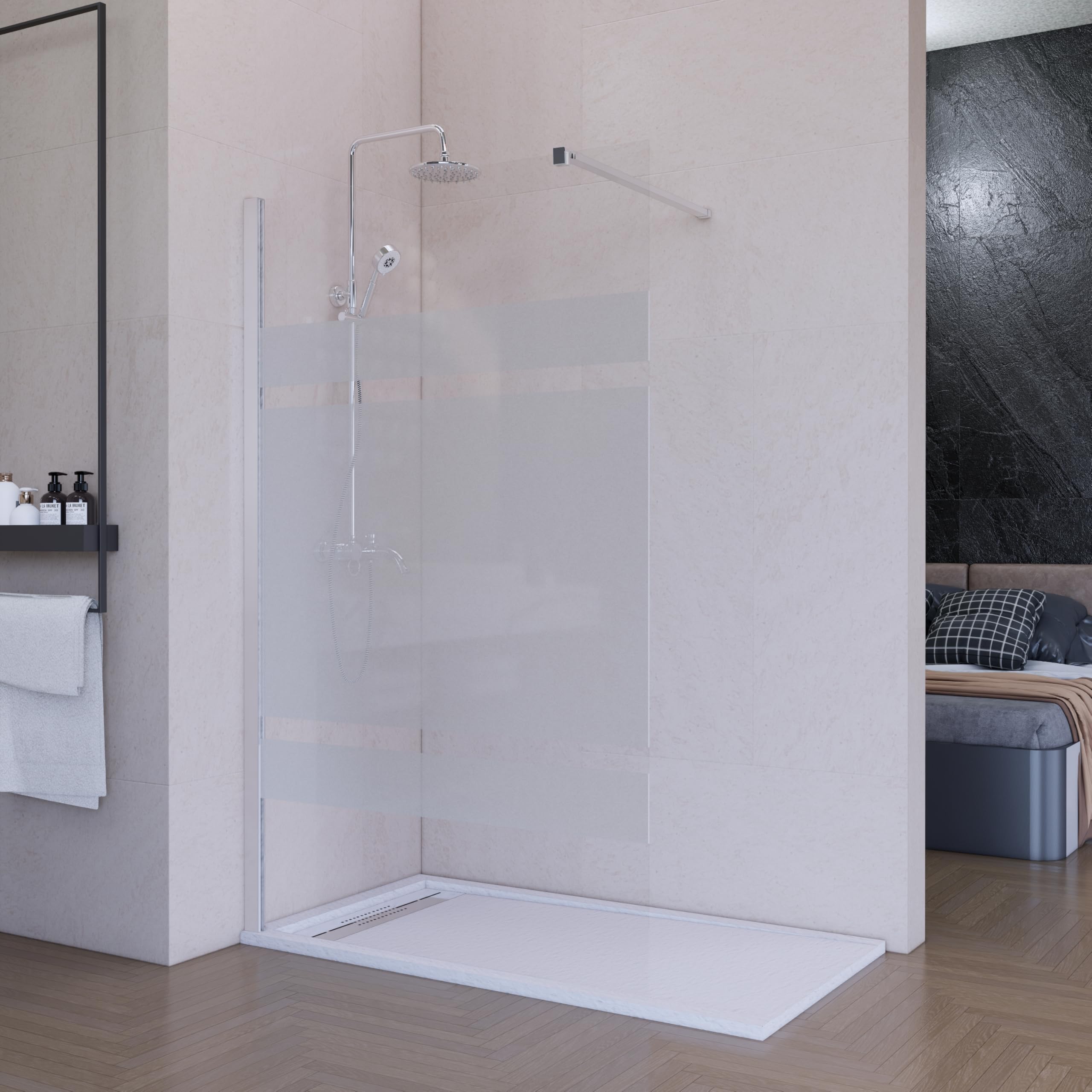 Mampara de Ducha Fija Cromo 90 x 200 cm Vitrificada, Cristal Templado Translucida 8 mm con Antical, Panel Walk In Reversible para Baño Moderno