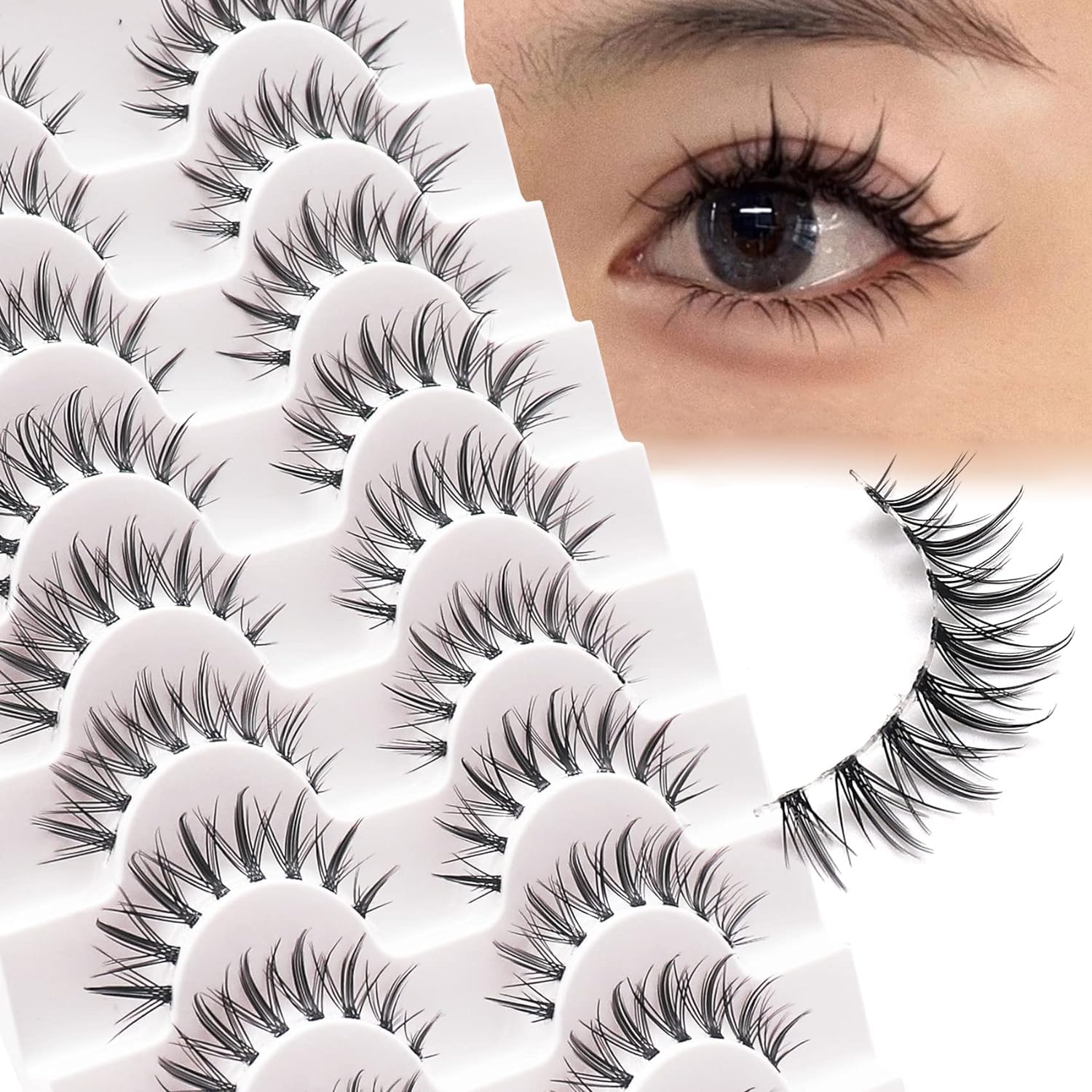 ChicAbode Eyelashes, Wispy Manga Lashes, Natural Look Clear Band False Eyelashes, Lightweight Asian Korean Anime Eye Lashes, 10 Pairs Soft Clusters Fake Eyelashes (Center)