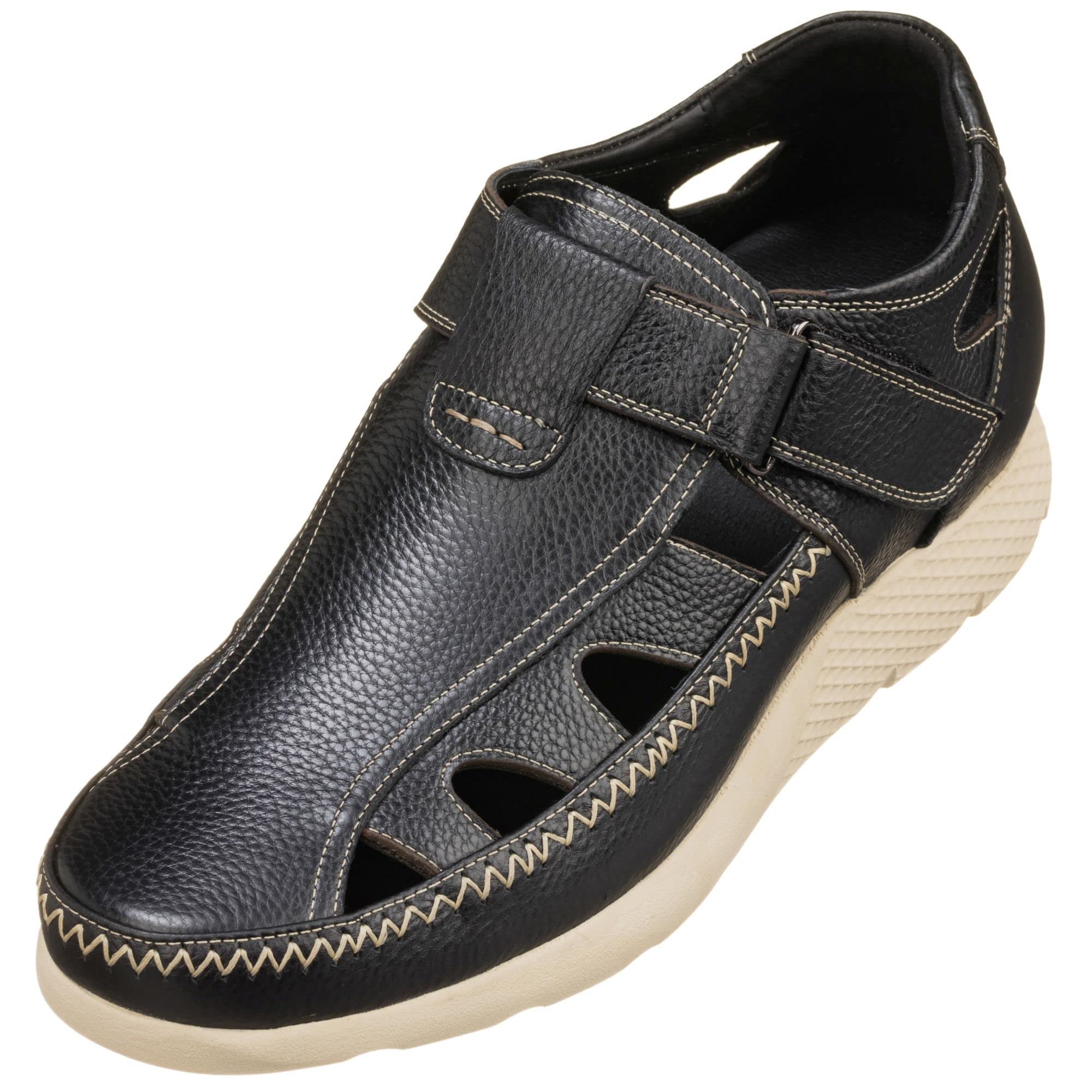 CALTO Men's Invisible Height Increasing Elevator Shoes - Black Premium Leather Lightweight Fisherman Sandals - 2.8 Inches Taller - K2132 - Size 10 D(M