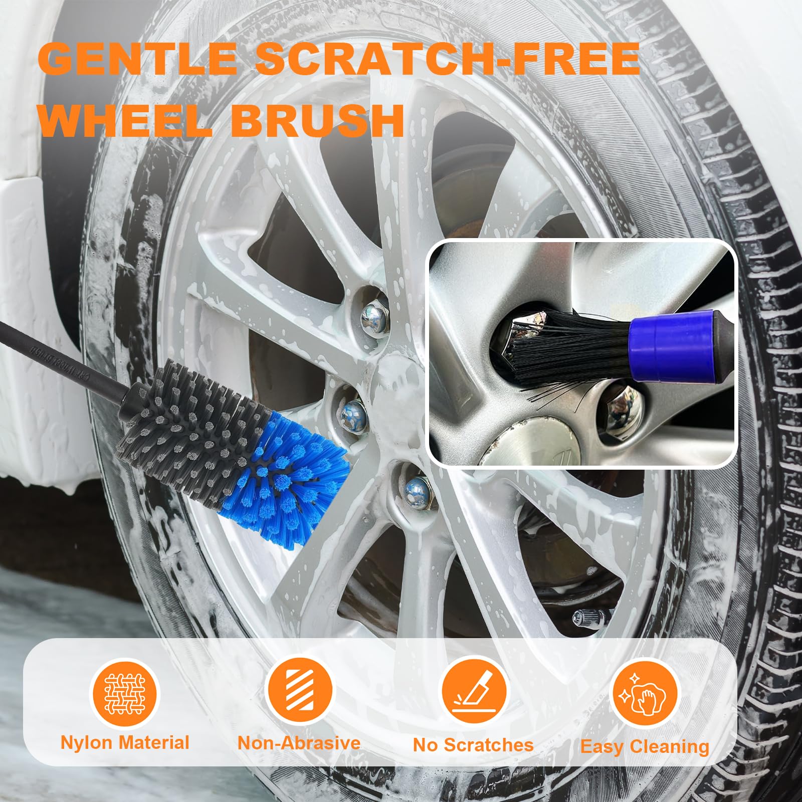 Kit 2 Spazzole Per Cerchi Auto – Manico Ergonomico, Multiuso, Per Auto, Moto, Camper, Bici (Nero)