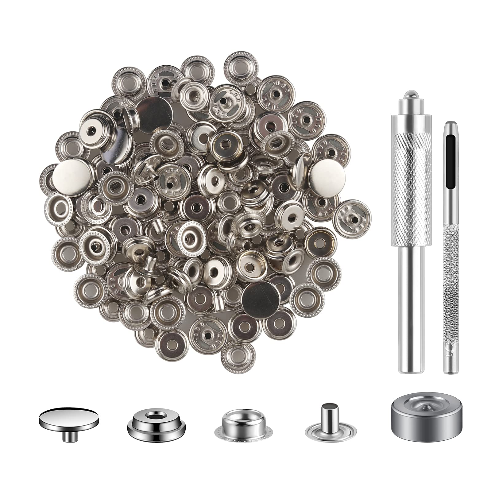 Juego de 200 piezas (50 juegos) de herramientas de cierre a presión de 5/8 pulgadas (15 mm), kit de botones a presión para cuero, kit de cierres a presión para cuero, botón de acero inoxidable para