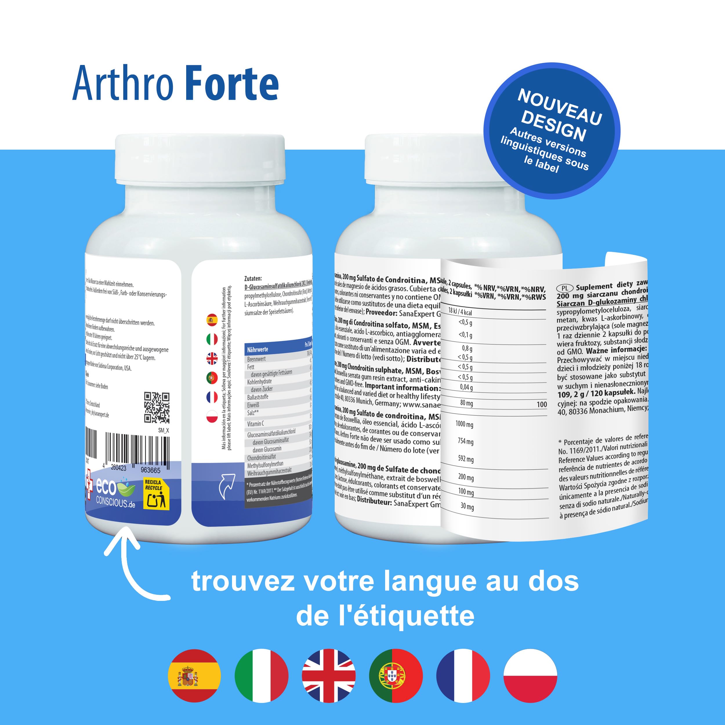 SanaExpert Arthro Forte | Support Naturel pour les Articulations et les Os | avec MSM, Sulfate de Glucosamine, Chondroïtine | 120 Capsules | Ingrédients 100% Naturels | Fabriqué en Allemagne