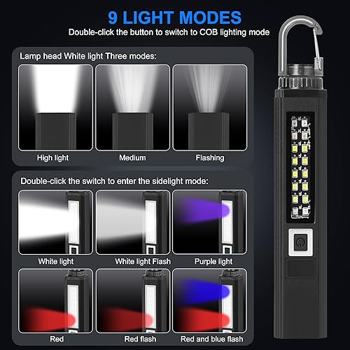 Miniatura 2 de Linterna LED recargable súper brillante y luz de trabajo, 9 modos, base magnética, impermeable, luz UV, gancho, ideal para pasear perros, camping,