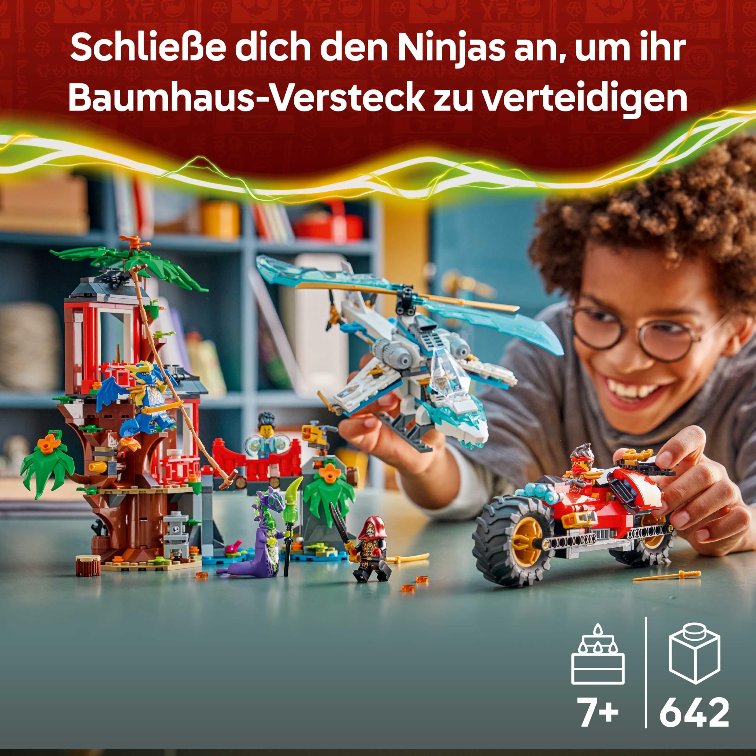 LEGO NINJAGO Showdown am Baumhaus mit dem Ninja-Bike - Action Spielzeug mit Motorrad, Hubschrauber, 6 Minifiguren und Schwertern - Geschenk für Jungen ab 7 Jahren und Fans - 71857