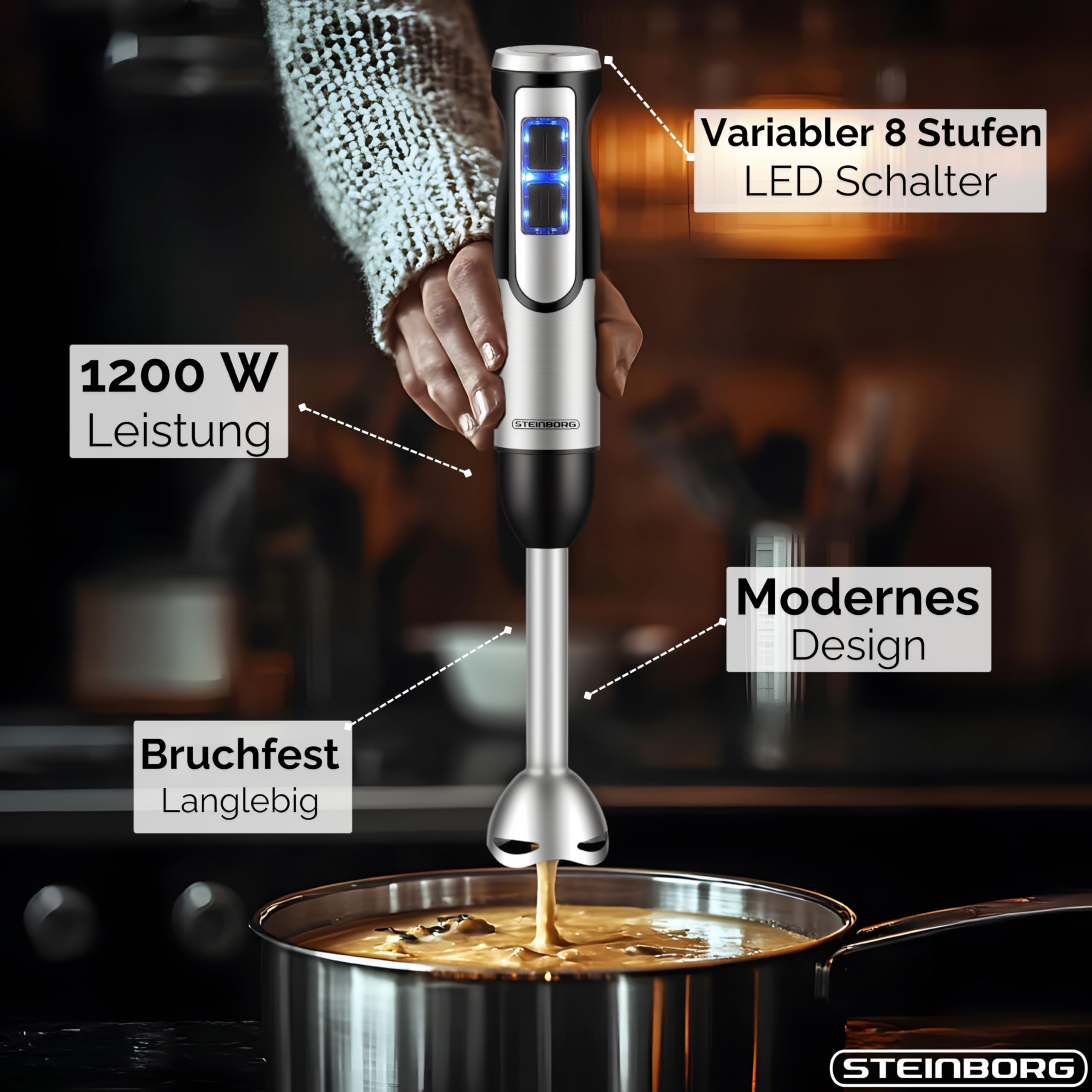 Steinborg - Batidora de acero inoxidable de 1500 W, batidor, picadora de acero inoxidable de 500 ml con función turbo, batidora de mano, picadora multifuncional