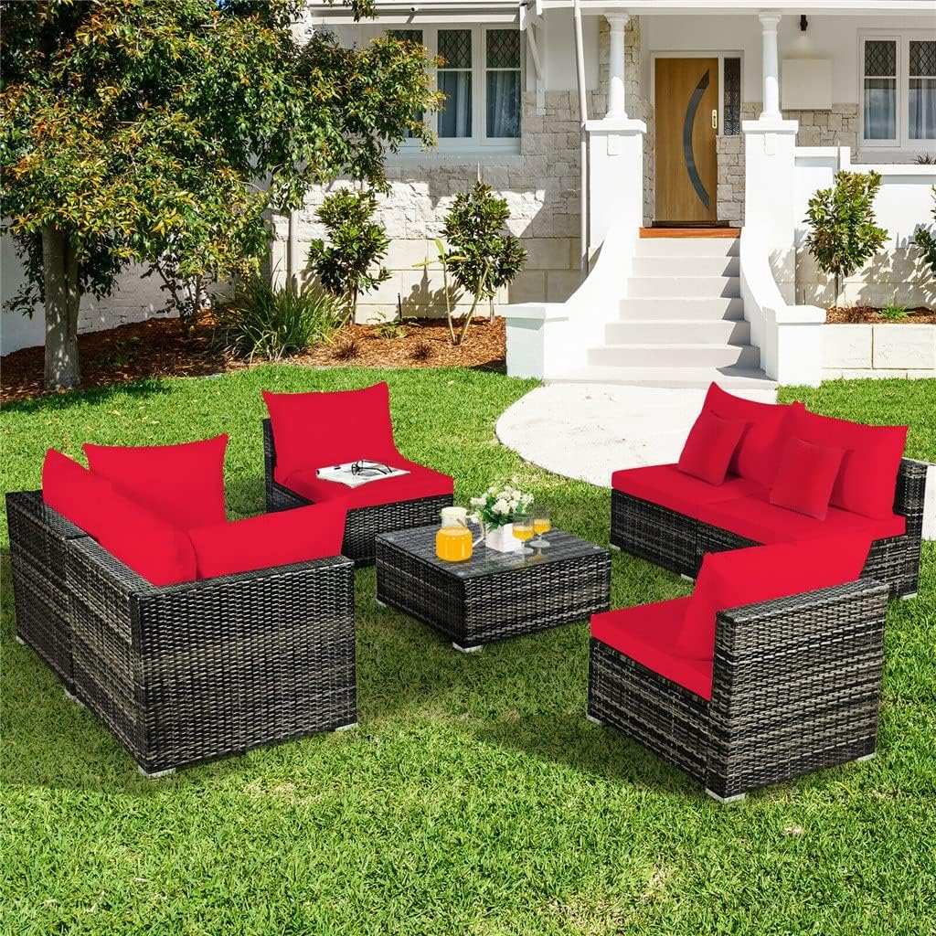 7PCS Patio Rattan Furniture Set Sectional Sofa Garden Red Cushion Outdoor