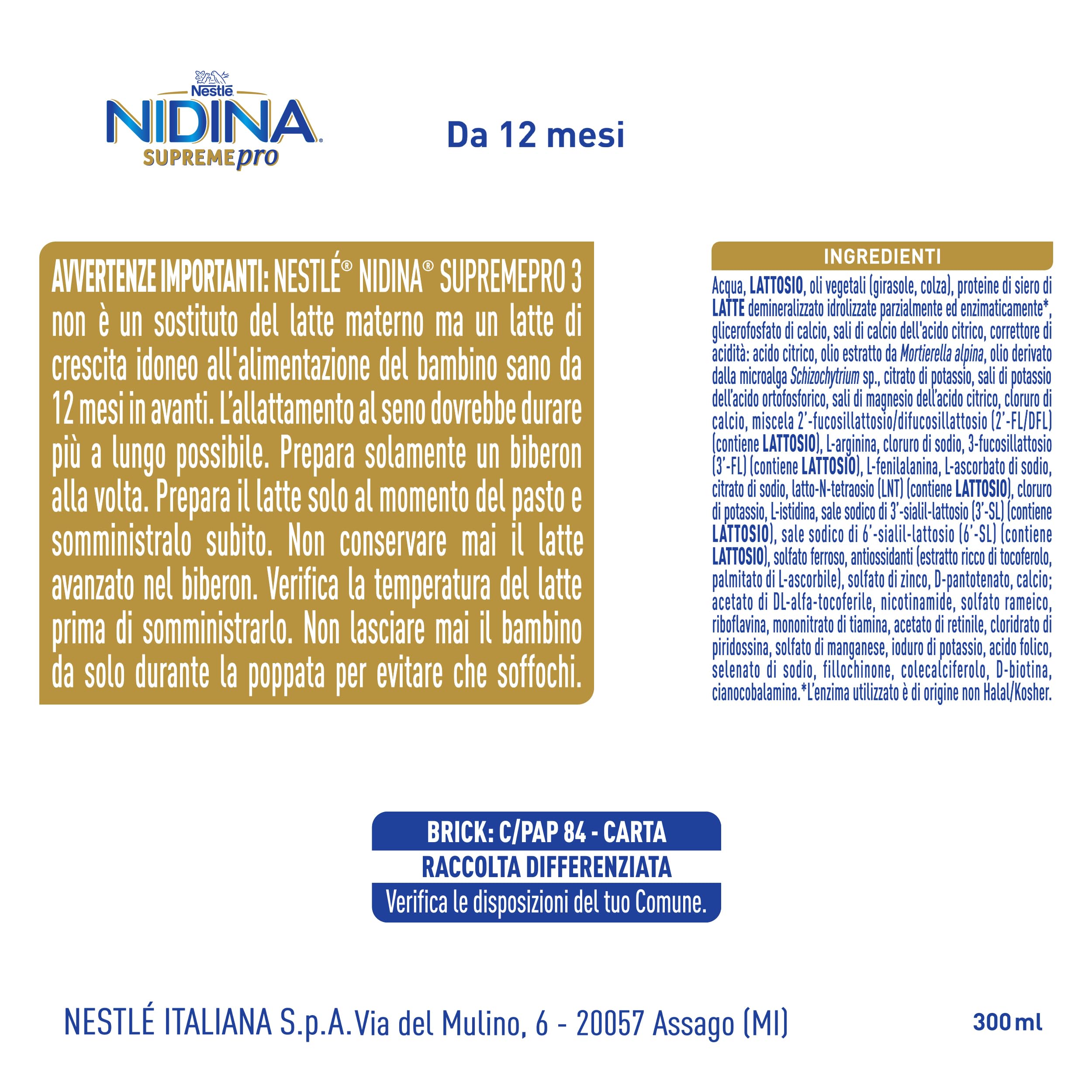 NIDINA SUPREMEpro 3 Latte di Crescita Liquido da 12 mesi, 12 Brick da 300ml (3,6L)
