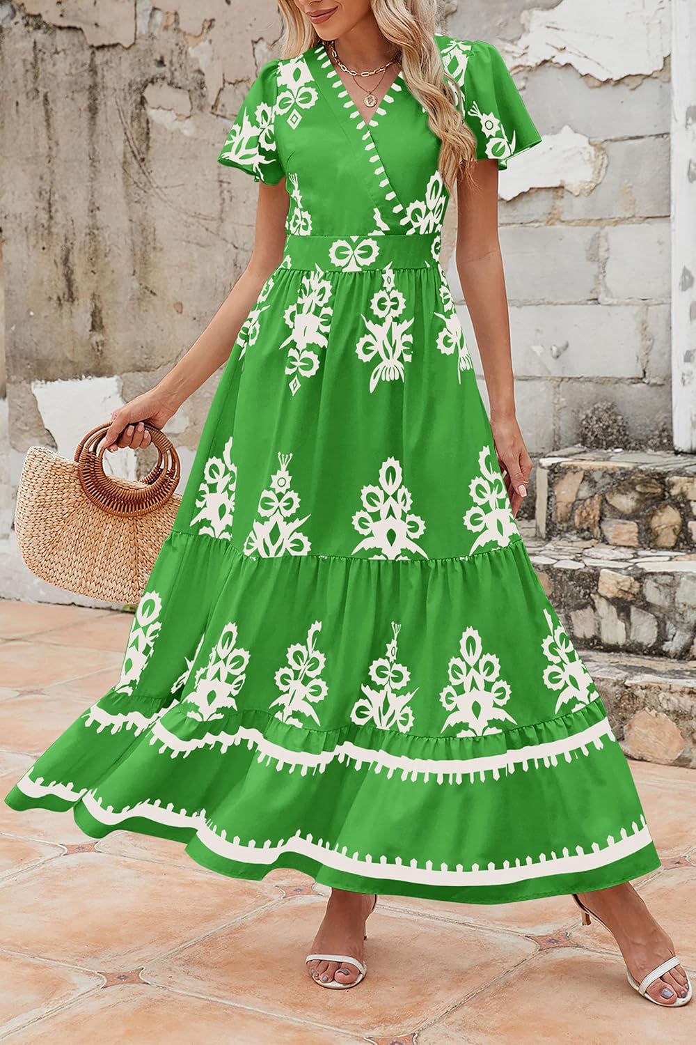 PRETTYGARDEN Womens 2025 Summer Casual V Neck Boho Maxi Dress Flowy Aline Bell Sleeve Tiered Floral Dresses with Pocket - Image 8