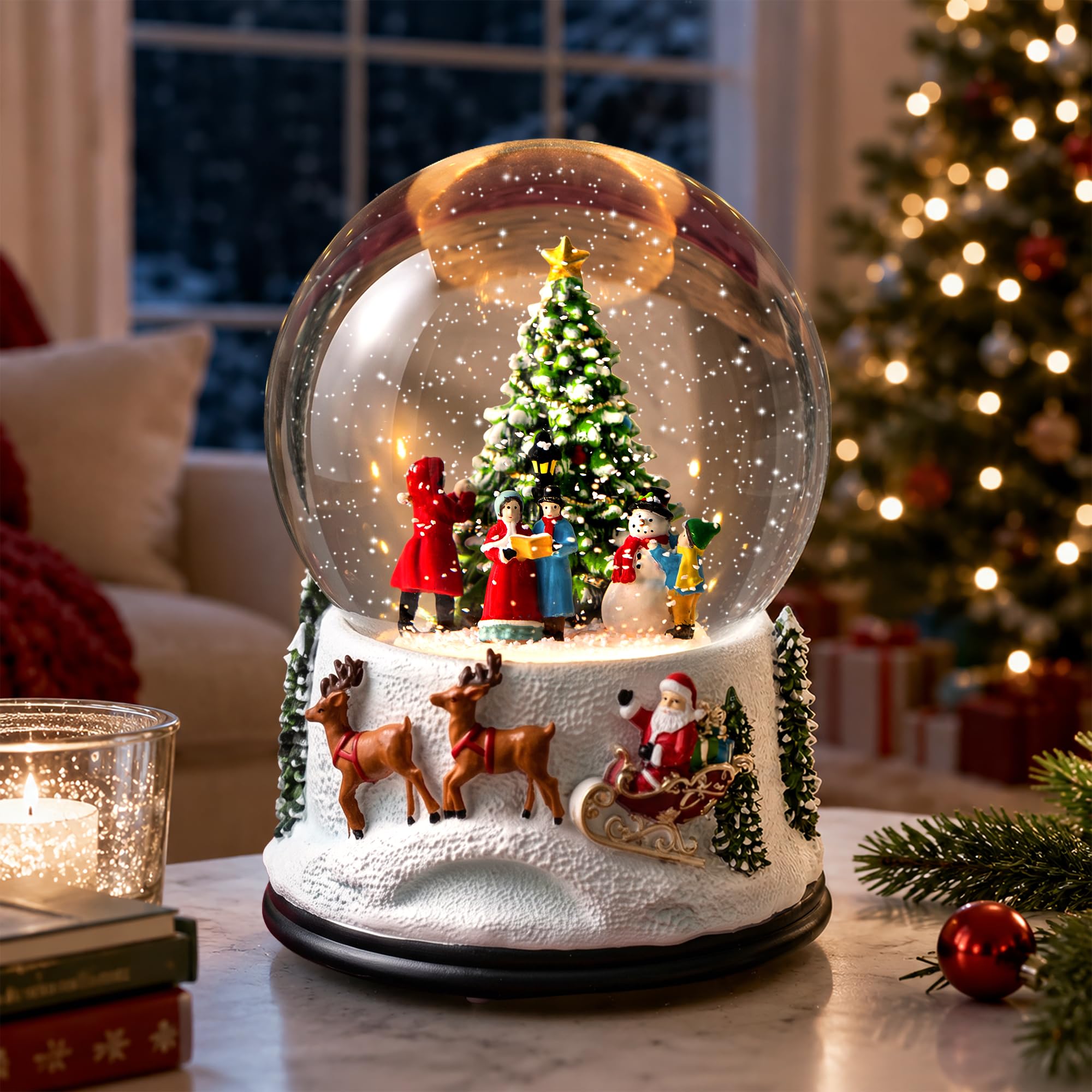 Christmas Snow Globe Lantern Water Glittering Santa Sleigh Crown with Music, USB Lined/Battery Operated Lighted Lantern for Christmas Festival Decoration Gifts