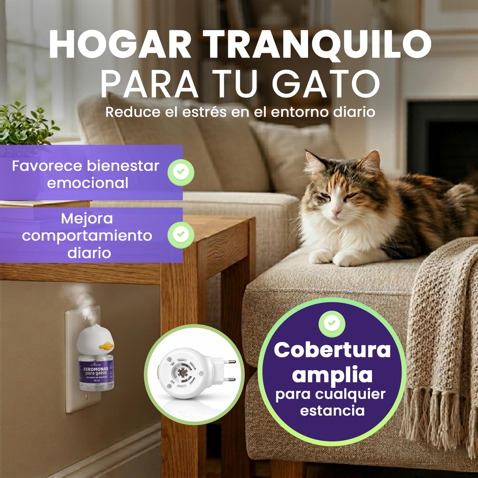 Feromonas para Gatos - Difusor + 2 Recambios (60 días, 48 ​​ml) - Ayuda a Crear Armonía y Reducir Conflictos Entre Gatos como el Estrés, Arañazos, Miedos, Cambios, Marcaje con Orina.