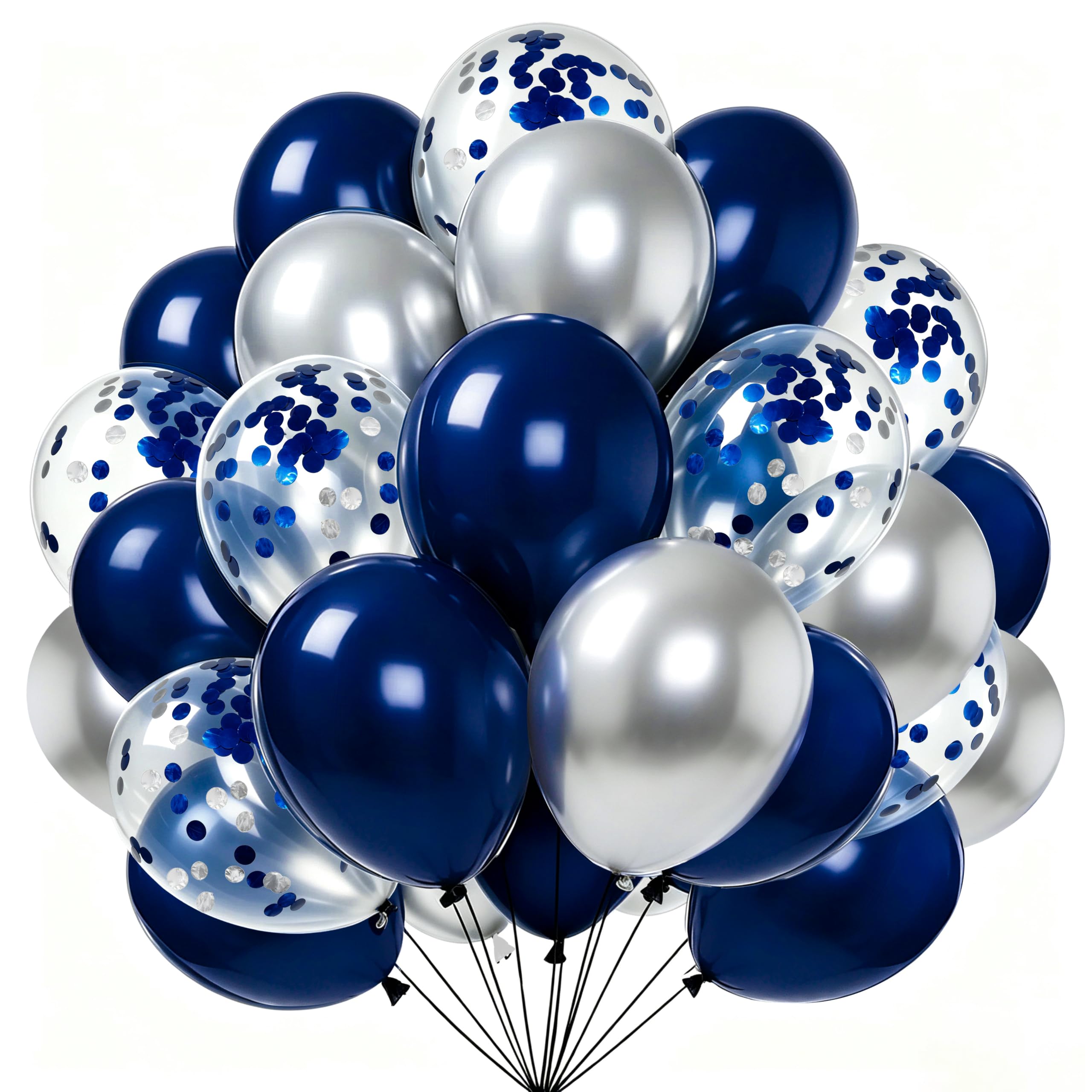 Firomi Metallic Silver Navy Blue Balloons Set 12 inch 70pcs (2 Ribbons)