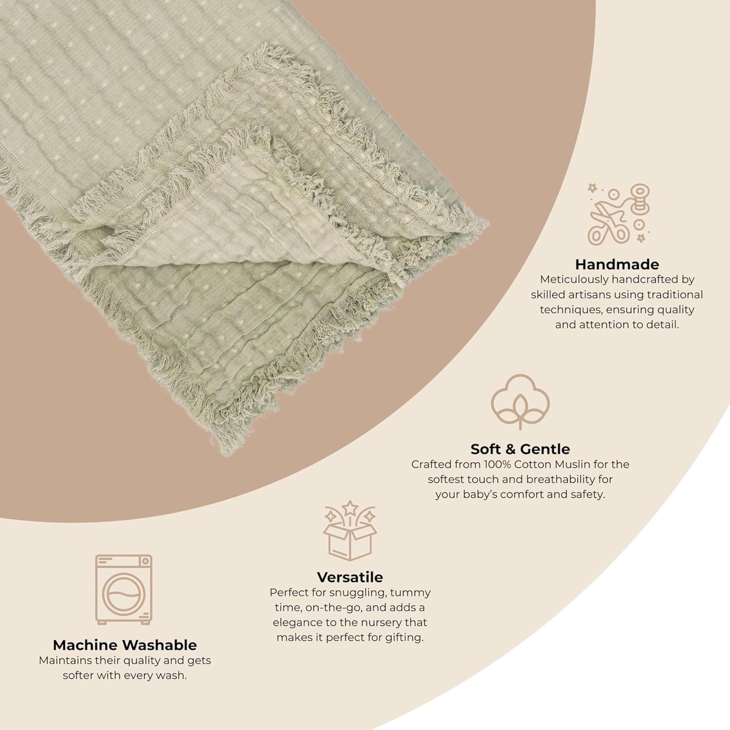 Crane Baby Multi-Layer Muslin Baby Blanket, 100% Cotton Baby Blankets, Sage Green Ombre Design, Nursery Swaddling Blankets for Newborns, 30" x 40", Warm and Breathable Stroller Blankets for Babies