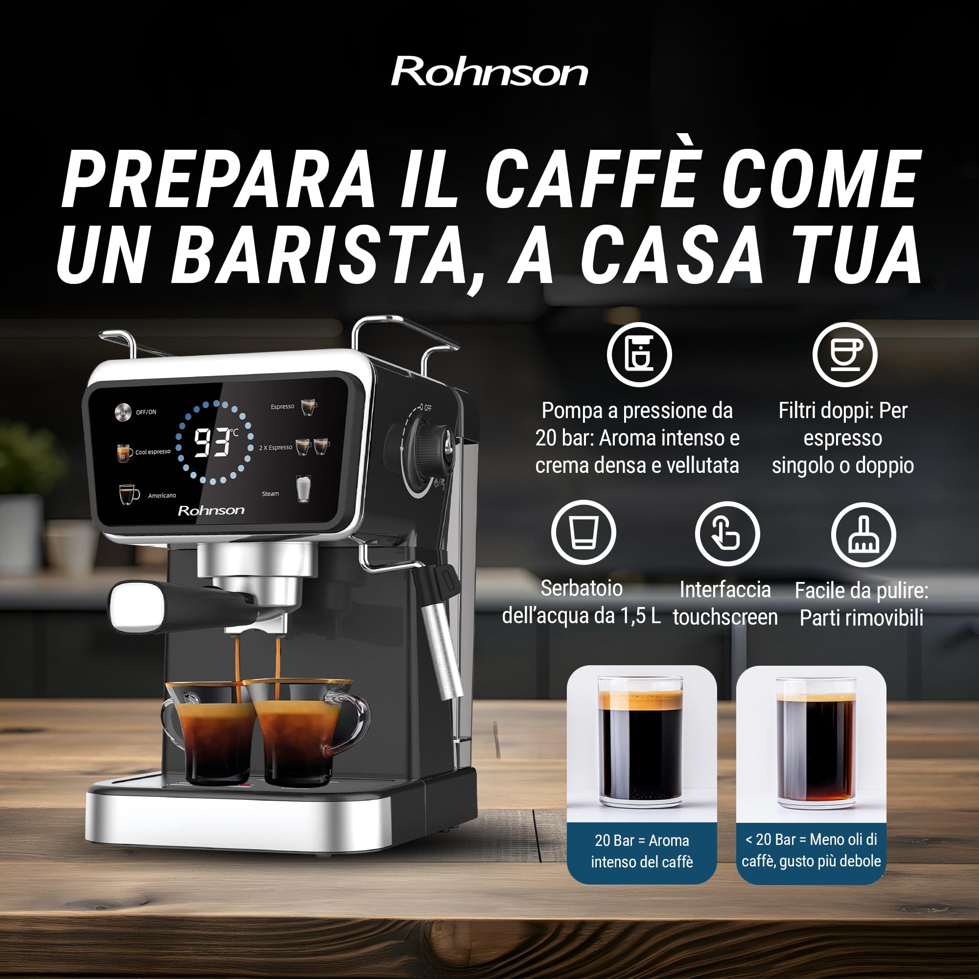 Rohnson Macchina per Espresso Caffè Macinato, Pompa da 20 Bar, Serbatoio Acqua Rimovibile da 1,5 L, 1350W, Tecnologia Caldo e Freddo, Lancia Vapore per Latte, Facile da Pulire, Design Efficiente