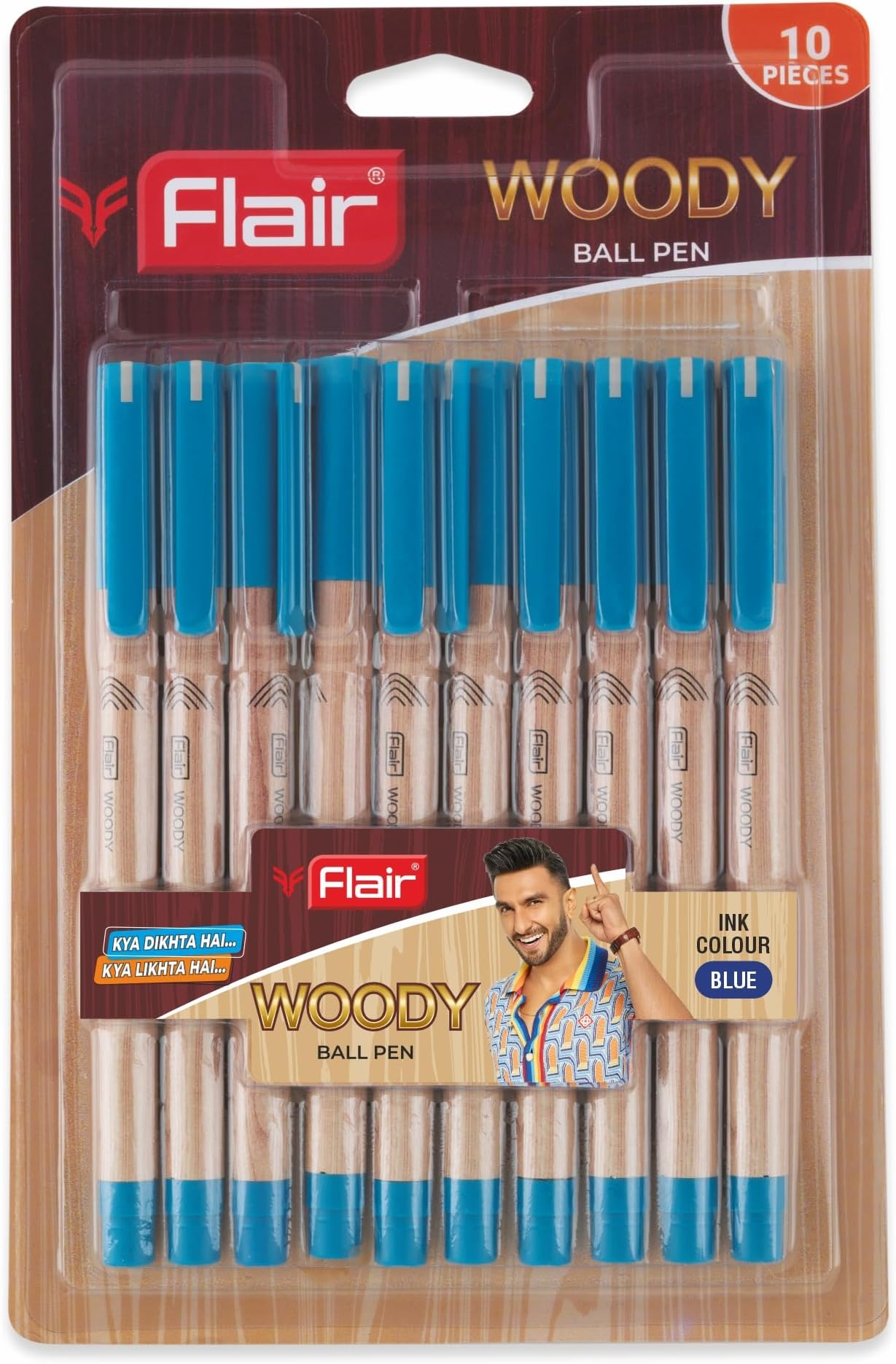 FLAIR Woody 0.7mm Ball Pen Blister Pack | Attractive Woody Design | Smooth Ink Flow System With Low-Viscosity Ink | Smudge Free Writing | Blue Ink, Pack of 10 Pens