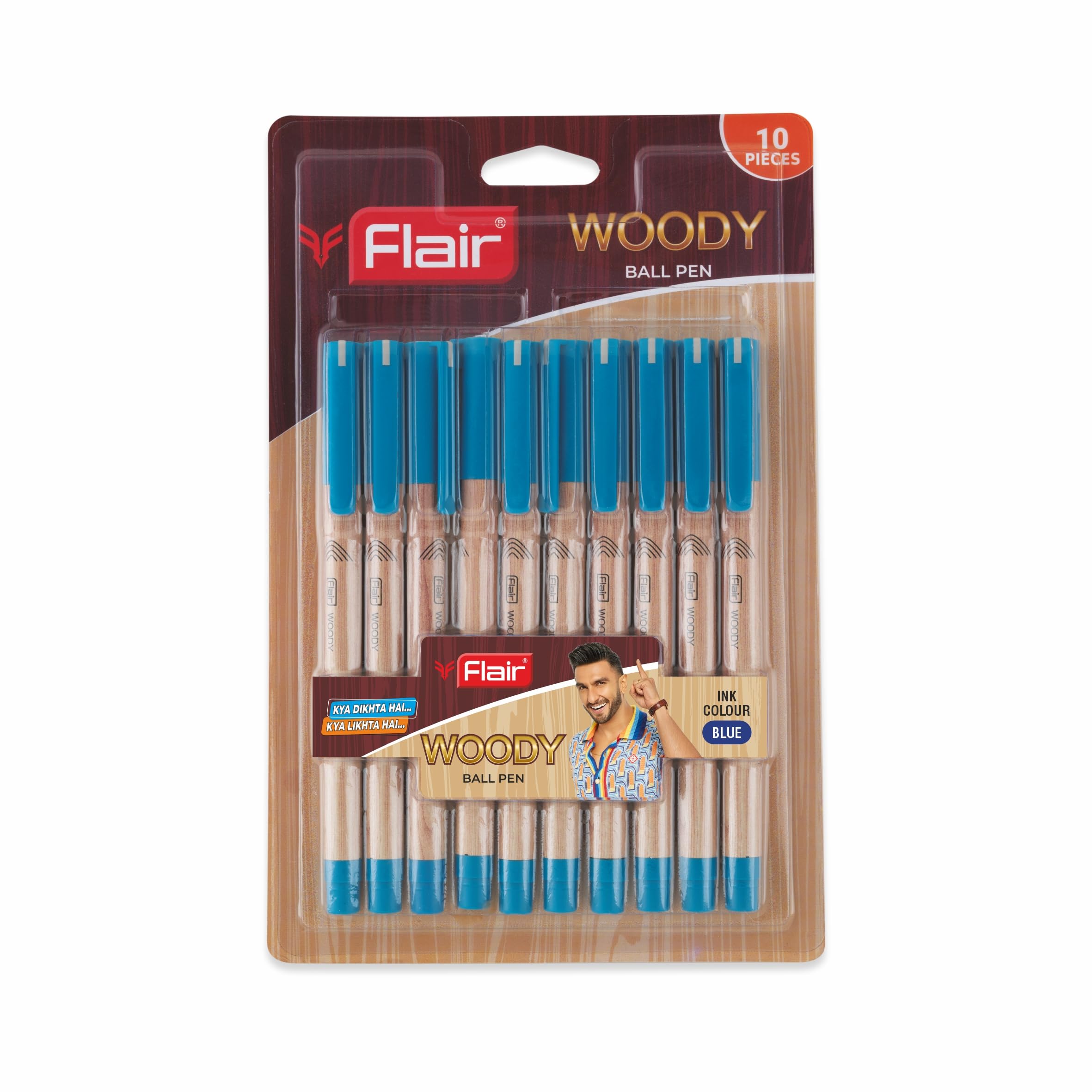FLAIR Woody 0.7mm Ball Pen Box Pack | Attractive Woody Design | Smooth Ink Flow System With Low-Viscosity Ink For Writing Smooth | Smudge Free Writing | Blue Ink, Pack of 10 Pens