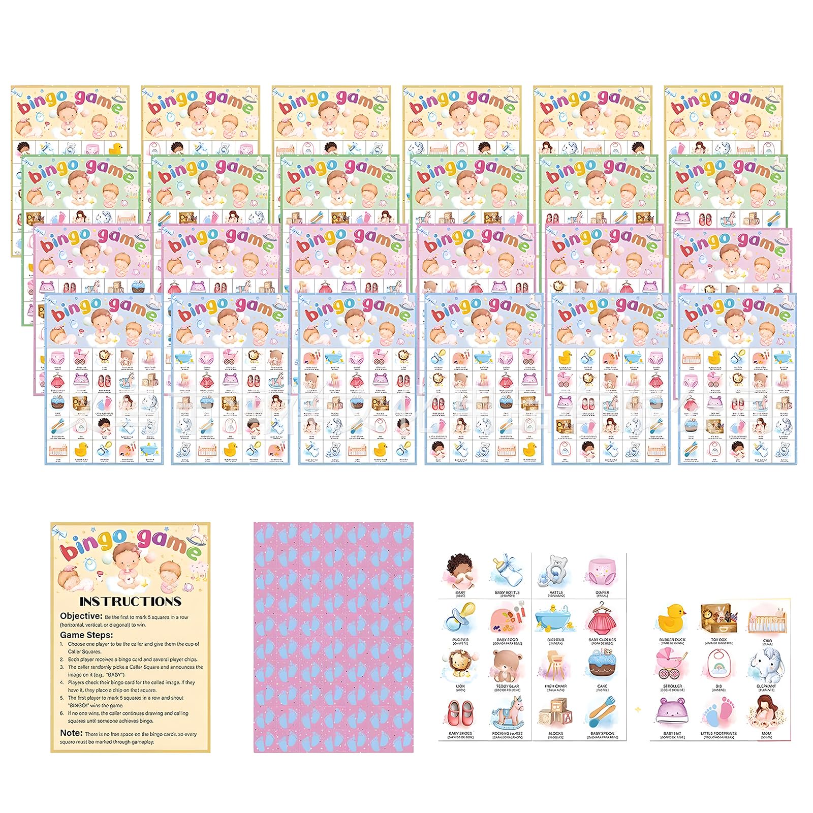 39Pcs Baby Bingo Cards Set, 24 Players Card with Player & Caller Chips and Game Instructions Card, Cute Bingo Game Card for Skills Development, Creative Bingo Sheets for Baby Shower Party Supplies