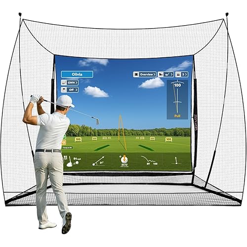 ZEALFEEL Golf Simulator Cage with Side Barriers&Impact Screen – 10x8 FT Golf Net with Dual-Layer HD Simulator Screen for High-Speed Shots, Practice Net with Ball Return for Indoor Outdoor Backyard
