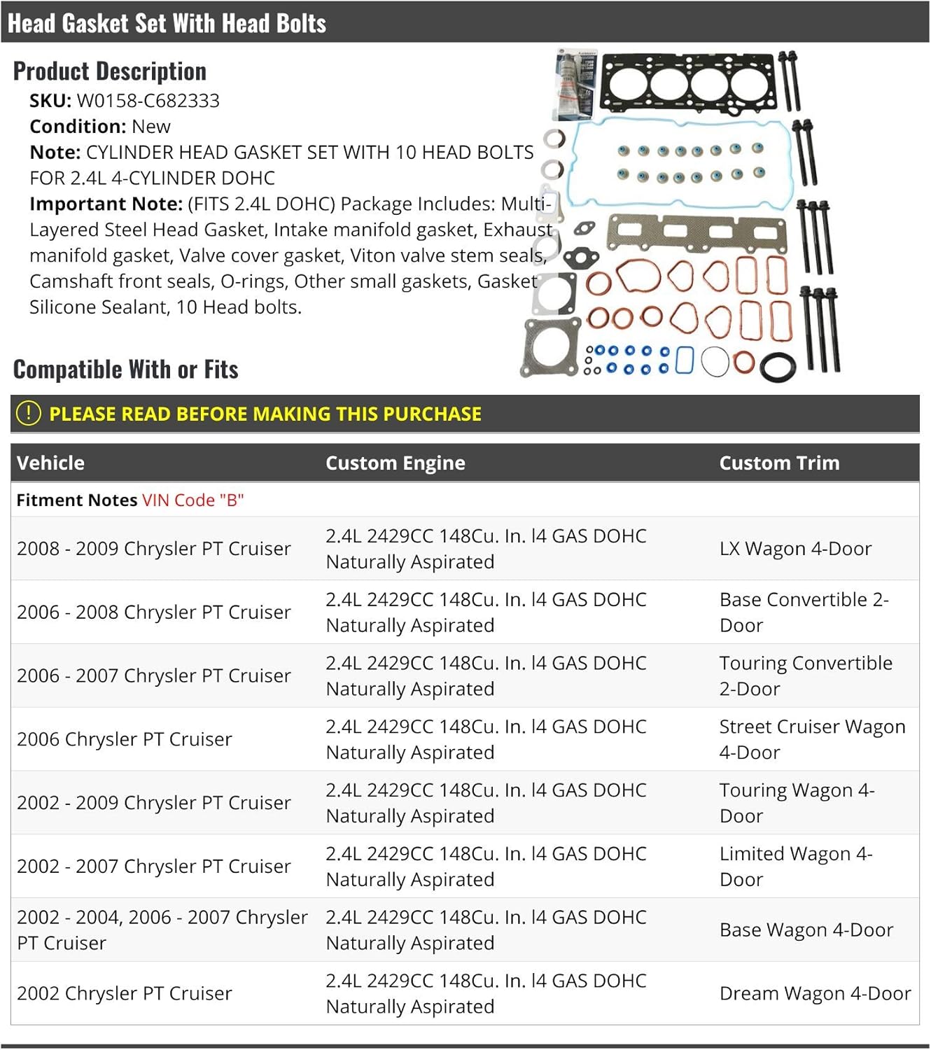 Marketplace Auto Parts, Cylinder Head Gasket Set with Head Bolts - Compatible with 2002-2009 Chrysler PT Cruiser 2.4L DOHC - VIN Code B
