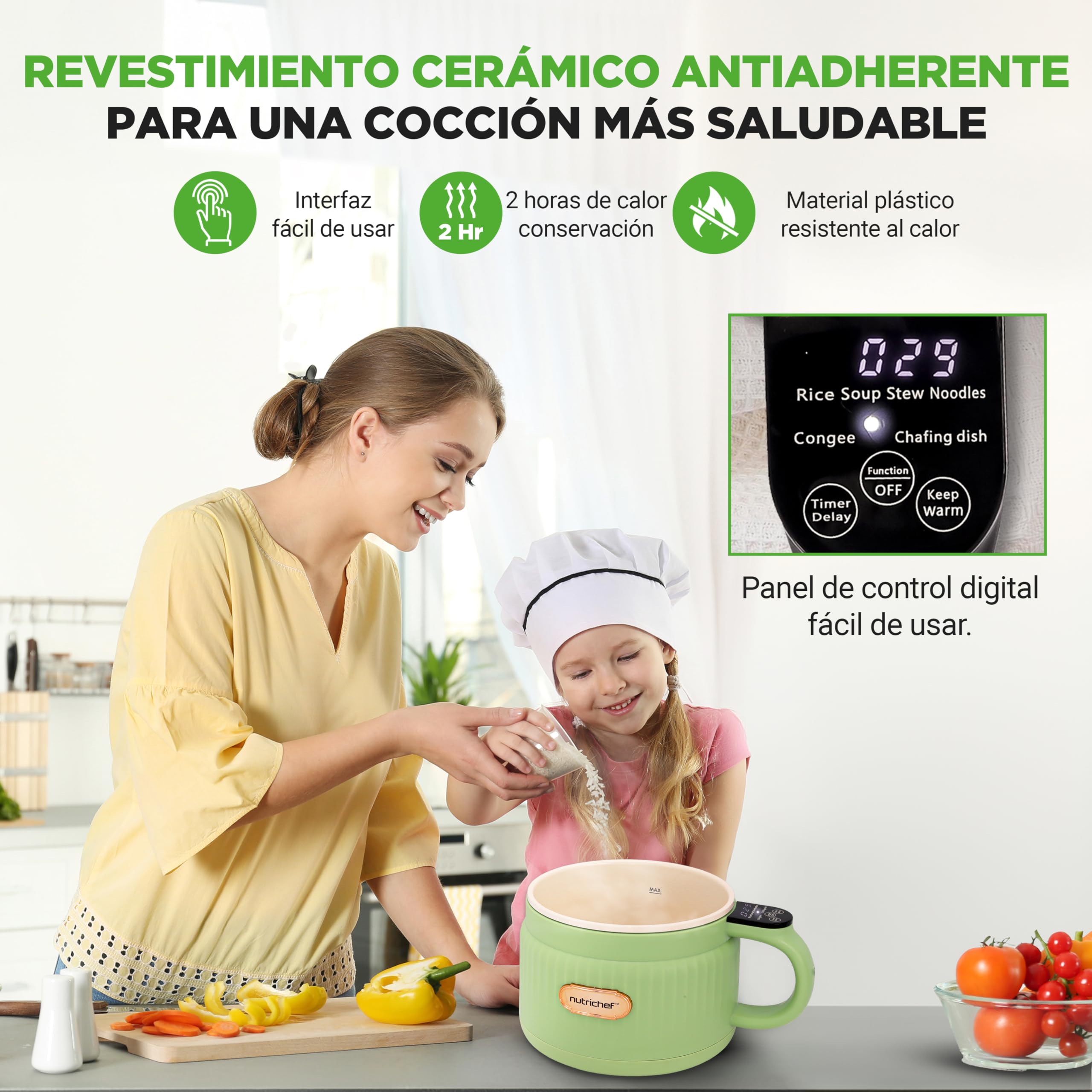 Nutrichef arrocera electrica mini, Rice cooker, Portatil, Preparador de comidas, Recubrimiento ceramico antiadherente, Panel de control digital, 6 funciones de coccion, 1.5L