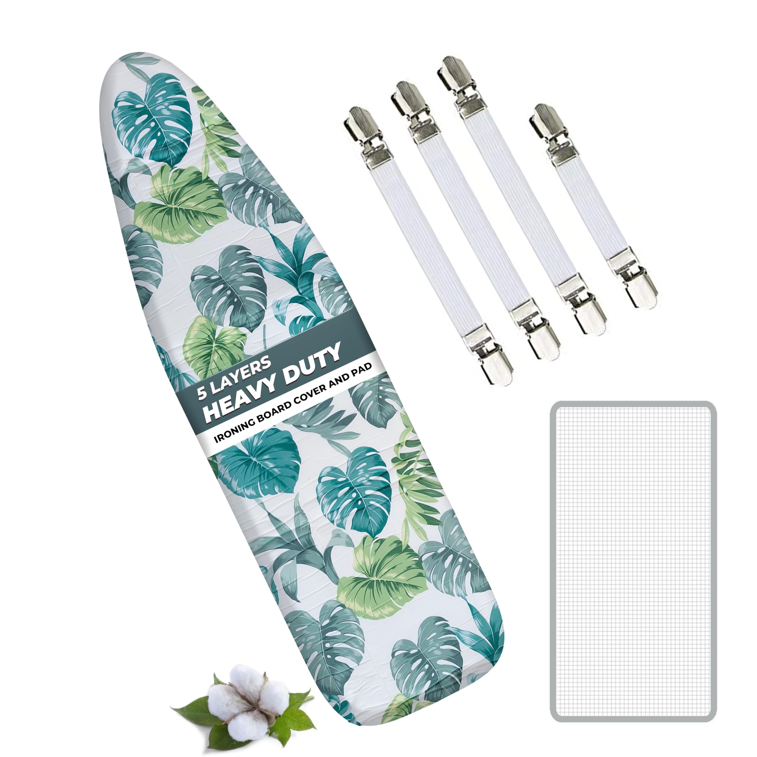EcoNour Ironing Board Covers 124 x 38 cm Extra Thick 7mm Padding, 100% Cotton Top Covers Easy-Fit for Protecting Ironing Board Cover Complete Set with 4 Strings and Scorch Resistant Padding - Large