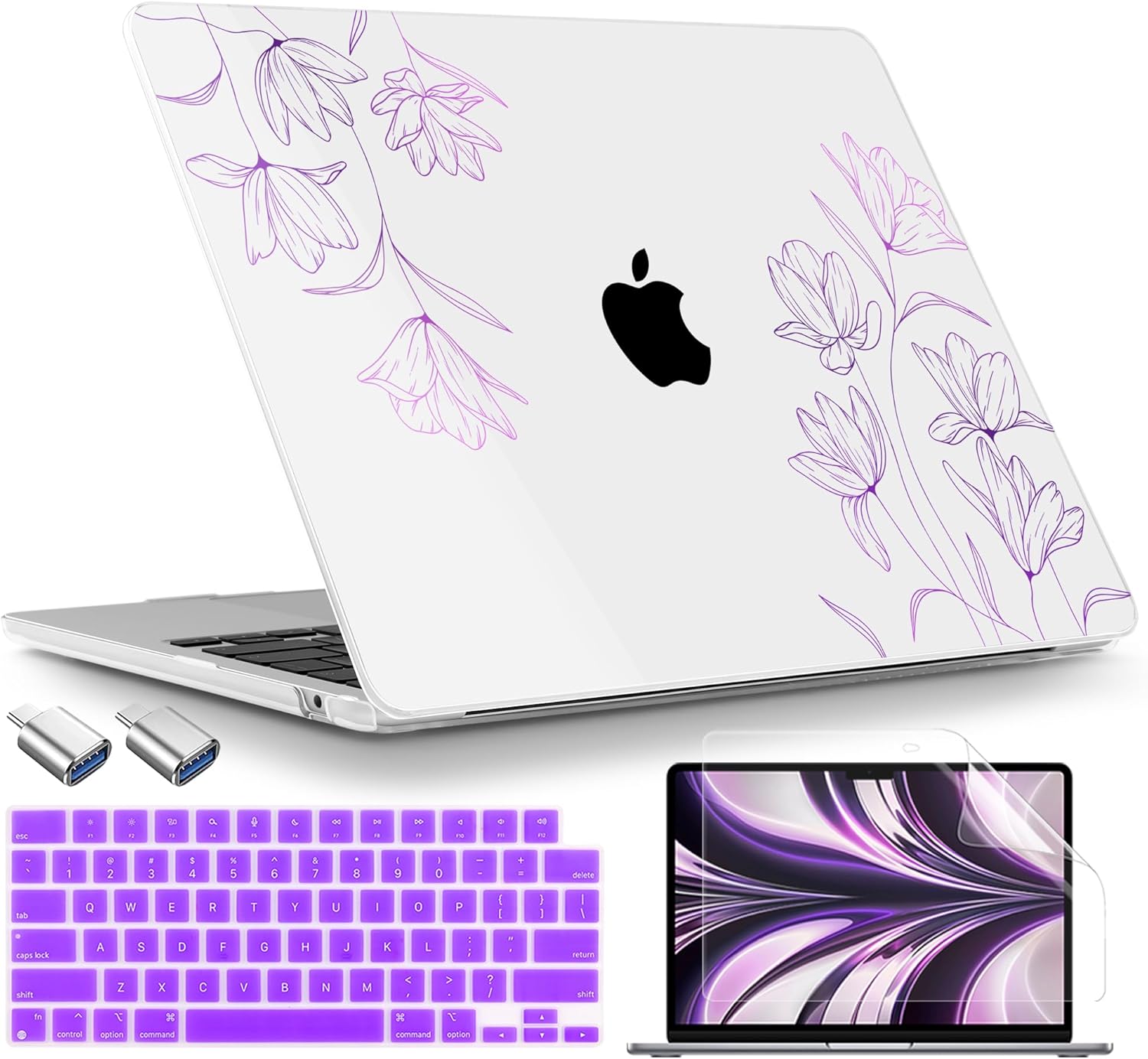 TWOLSKOO for MacBook Air 15 inch Case 2025 2024 2023 Release M4 A3241 M3 A3114 M2 A2941, Plastic Hard Shell & Screen Protector & Keyboard Cover & Type C Adapter, Engraved Floral2