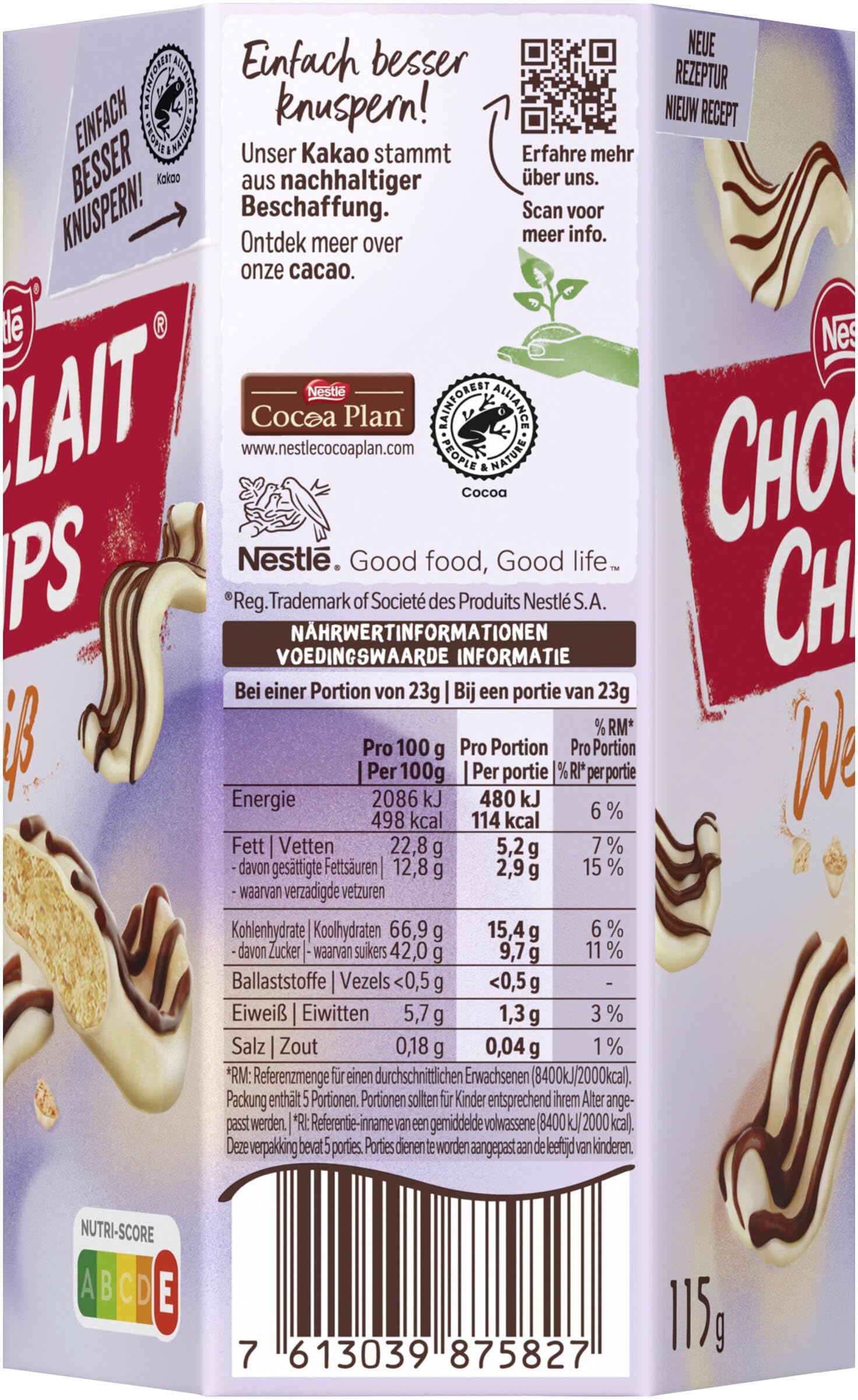 Nestlé CHOCLAIT CHIPS Weiß, Leckere Knusperchips mit Mandelgeschmack, umhüllt mit weißer Schokolade und verfeinert mit Milchschokolade-Dekorstreifen, 15er Pack (15 x 115g)