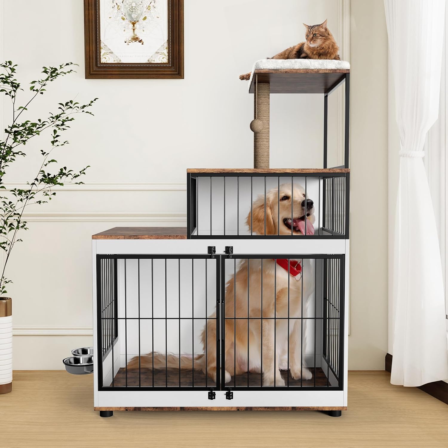 Dog Crate Large Furniture Kennel XL, with Cat Scratching Post Resting Platform, 2 Food Bowl, 2 in 1 Wooden Pet Cage House for Homes with Both Dogs and Cats