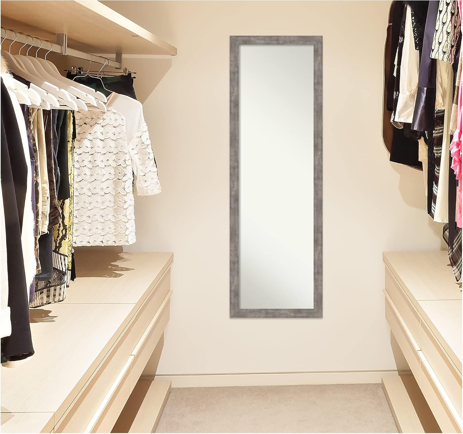Amanti Art Silver Full Length Mirror for Door, 51x17 Marred Pewter Tall Wall Mirror Full Length, Mounted to Door or Closet Wall with no visible brackets, Casual Wood Frame, Bedroom Decor