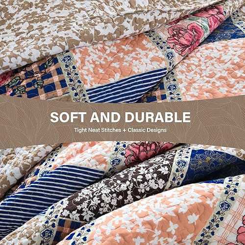 Miniatura 5 de SahSahCasa Juego de colcha de tamaño Queen de 100 % algodón de 120 x 102 pulgadas, colcha acolchada tamaño Queen extra grande, edredón ligero floral