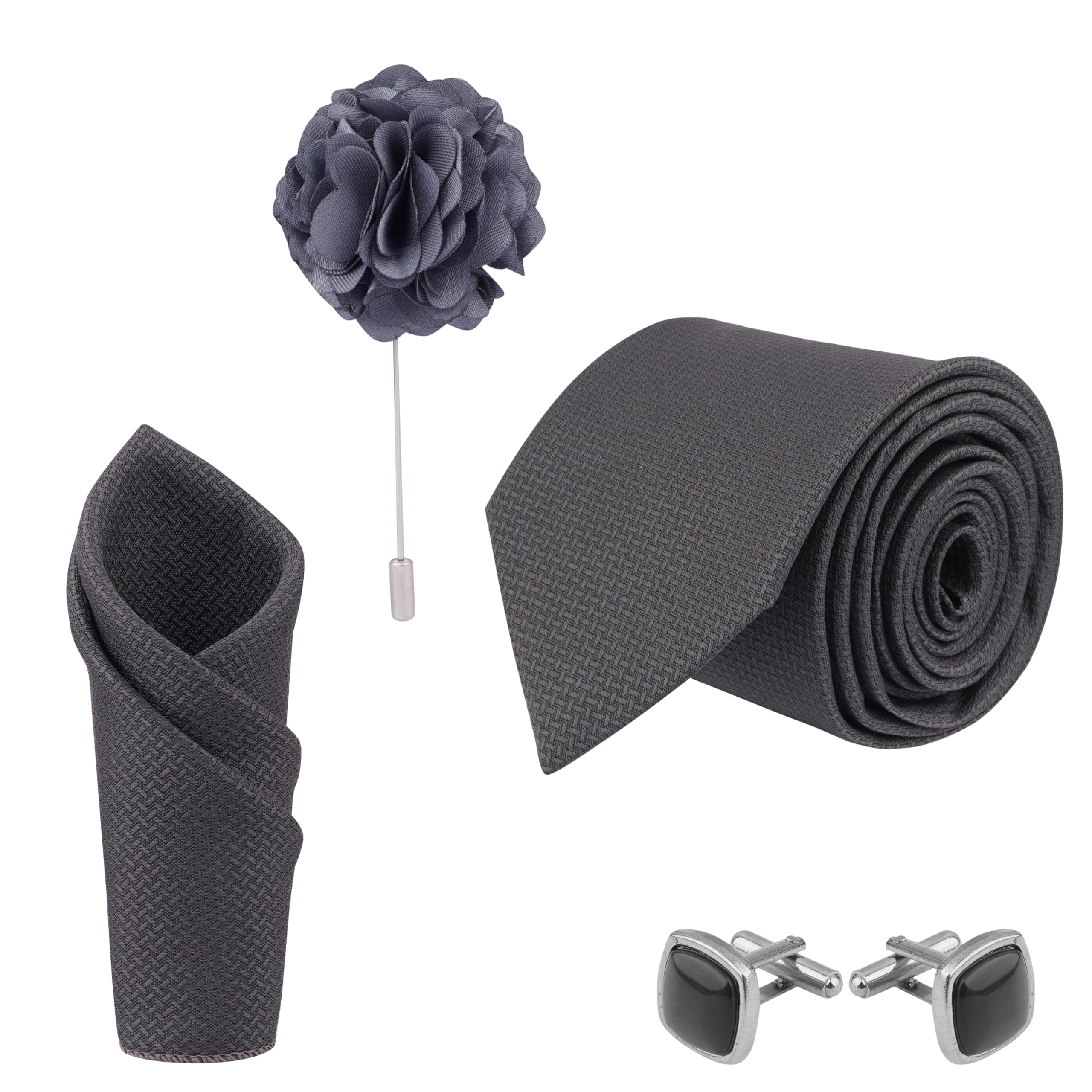 Men's Dark Grey Color Criss Cross Design MicroPoly Formal Necktie Tie With Pocket Square,Lapel Pin,Cufflinks, Solid Color Tie with Silky Feel (Leatharite Gift Box) (Pack of 4)-image-10