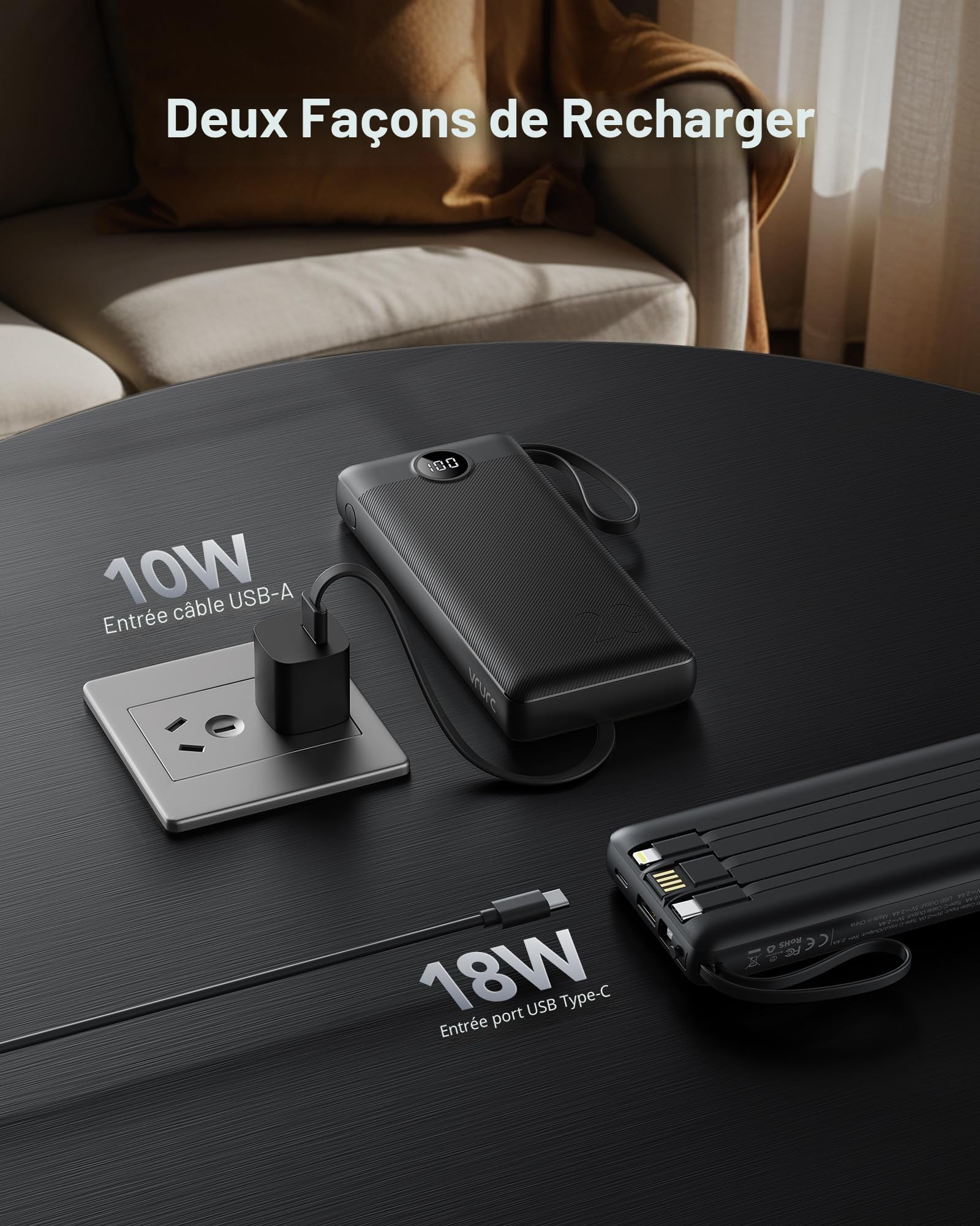 VRURC Batterie Externe 20000mAh QC 22.5W Power Bank Cable intégré, USB C Charge Rapide LED Chargeur Portable avec 4 Sorties et pour iPhone13/12/11/X/8, Samsung Huawei Xiaomi Tablet