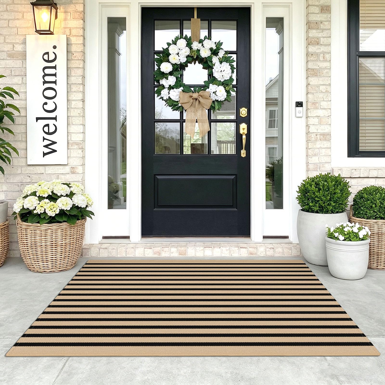 KOZYFLY 3'x5' Cotton Area Rug, Brown and Black Striped Outdoor Rug, Hand-Woven, Machine Washable, Perfect for Front Door, Kitchen, Living Room — image 1