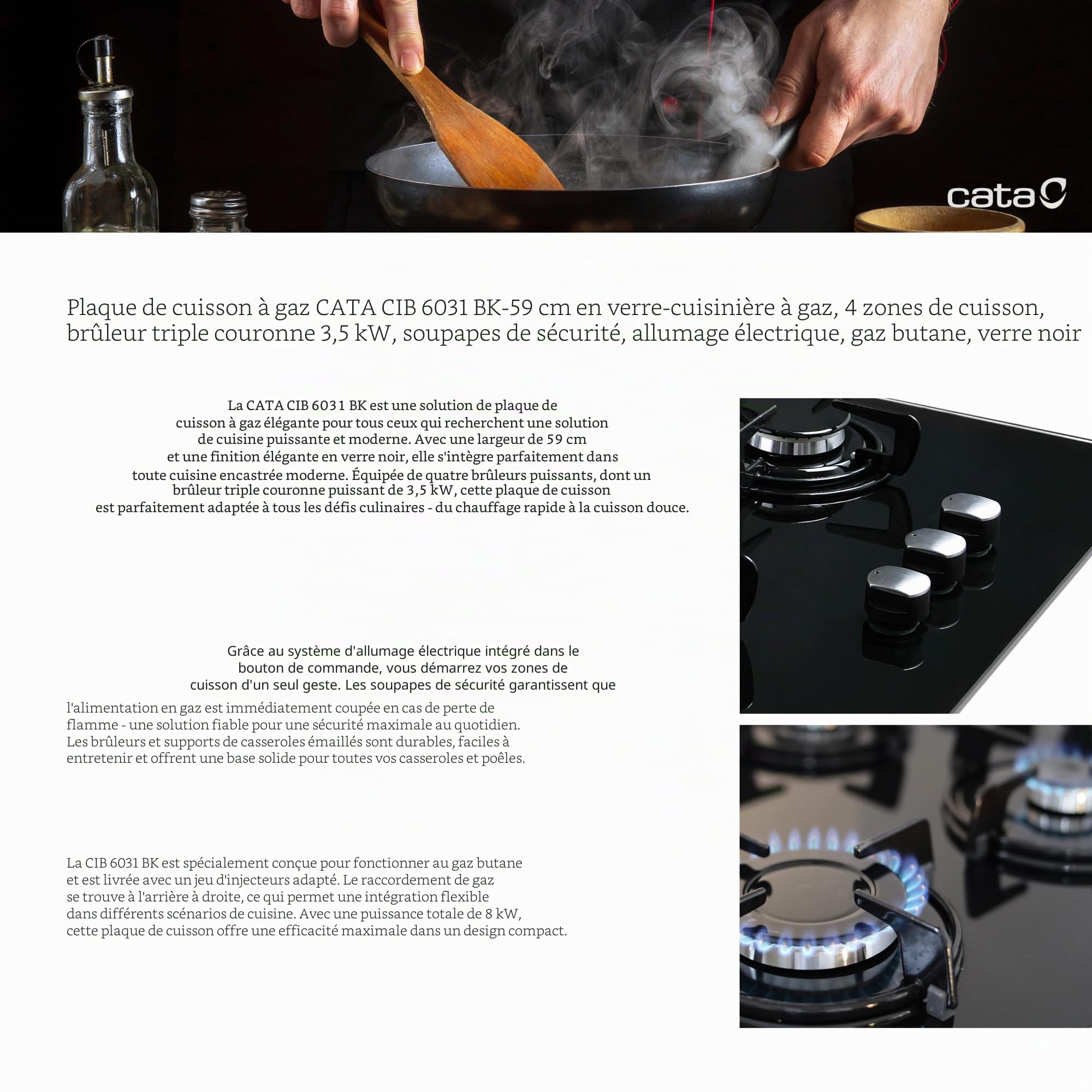 CATA CIB 6031 BK Plaque de cuisson au gaz 4 brûleurs 1 triple couronne Pour cuisinière à gaz naturel Largeur 59 cm Puissance totale de 8 Kw Tiges et brûleurs émaillés