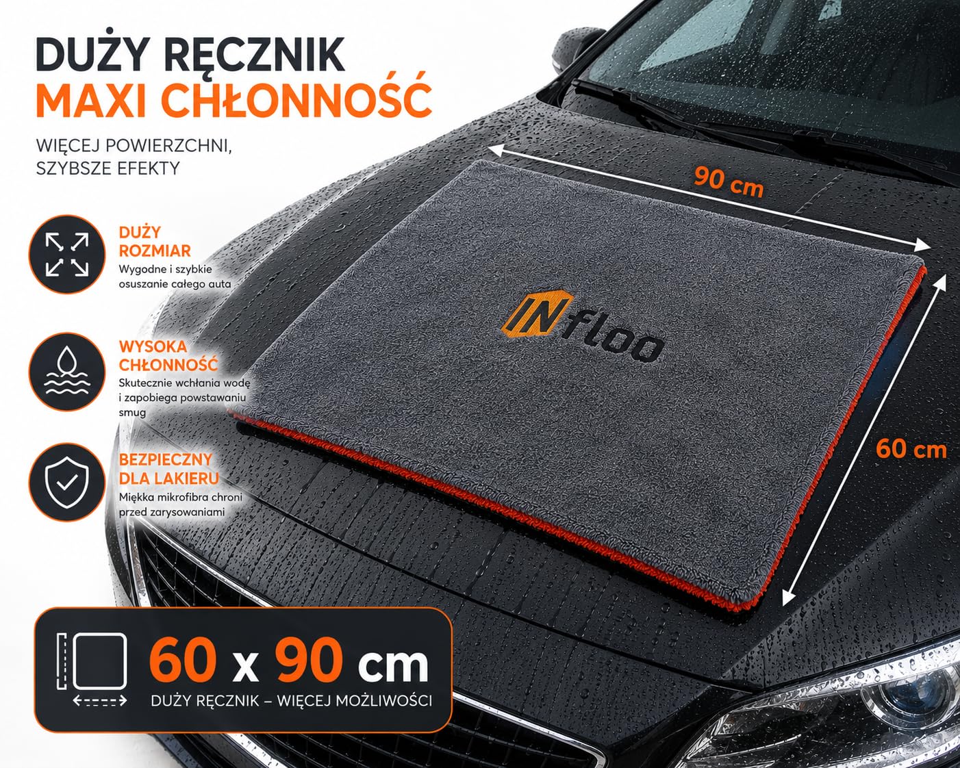 Ręcznik do Osuszania Auta 60x90 cm 1200 GSM, Duża Dwustronna Mikrofibra do Karoserii, Gruby Ręcznik Samochodowy do Lakieru, Szybkie Osuszanie bez Smug i Zacieków