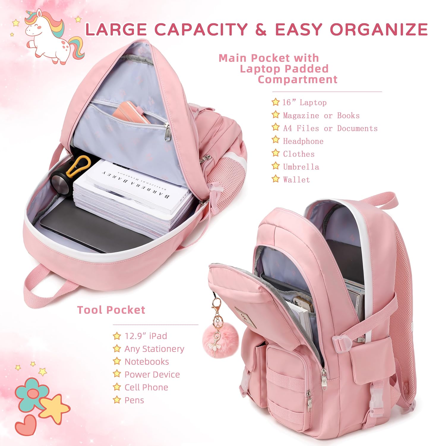 Backpack for Girls Laptop Backpacks 15.6 Inch College Cute Bookbag Anti Theft Primary Elementary School Bag Casual Daypack for Students Teens Girl Women (Pink) - Image 4