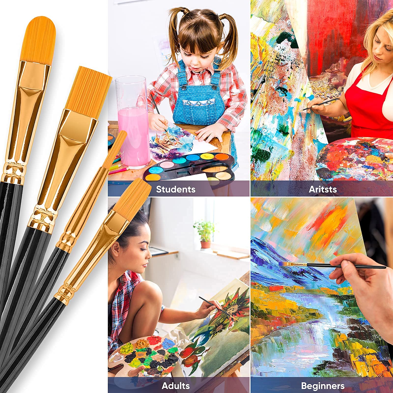 Paint Brushes Set, 20 Pcs Paint Brushes for Acrylic Painting, Oil Watercolor Acrylic Paint Brush, Artist Paintbrushes for Body Face Rock Canvas, Adult Drawing Arts Crafts Supplies,: Black
