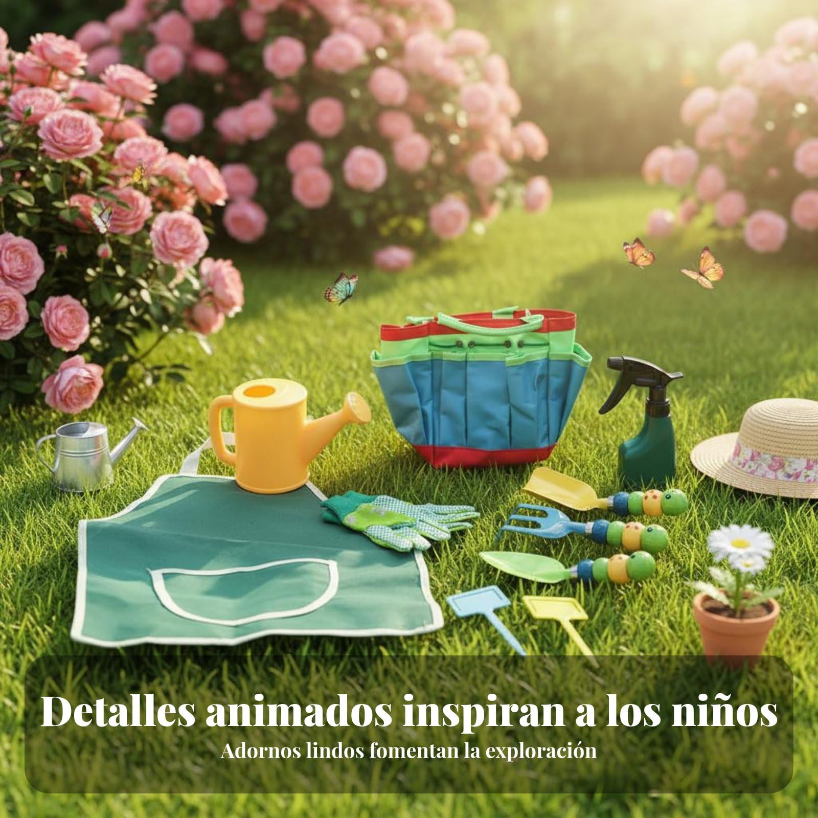 harayaa Kinder Gartenschaufel Set Gartenwerkzeug Set Schaufel Rechen Gießkanne Handschuhe Canvas Tasche Widerstandsfähig Metallkopf Holzgriff für Naturerkundung Strand Sandbox, Raupe 10-Teilig