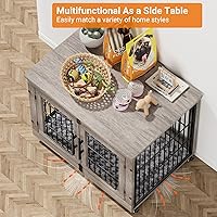Vista 5 de Lulive Mueble de jaula para perros medianos, 32 pulgadas, para interiores con cojín y ruedas, jaula de madera para perros con puertas dobles, mesa