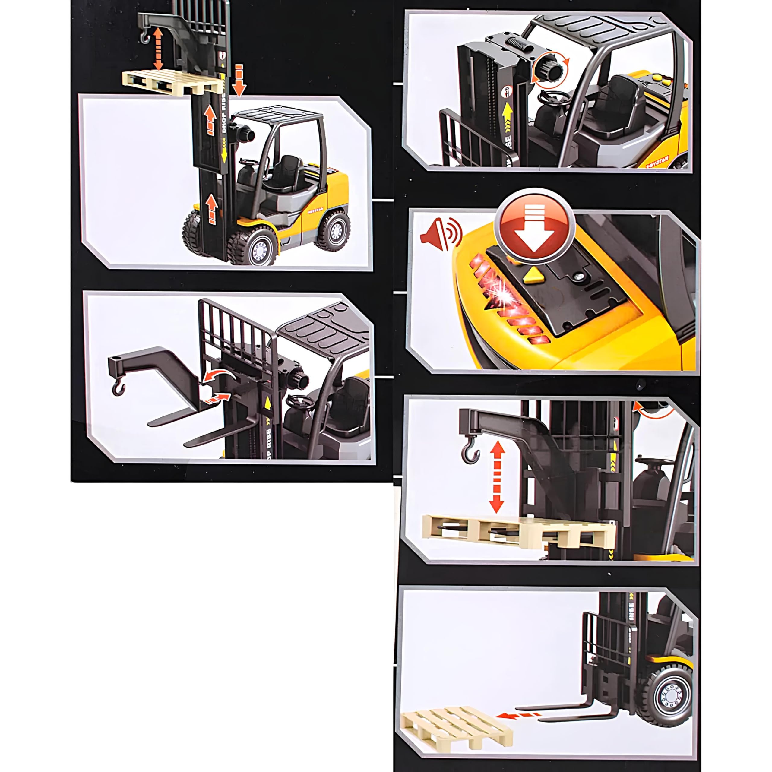 Carrello Elevatore Giocattolo con Suoni Reali Luce Movimento a Frizione Muletto Grande cm 25 Forklift con Gancio Pedana Pallet Grande Modellino Forca Carrello a Forche Porta Transpallet Porta Pedane